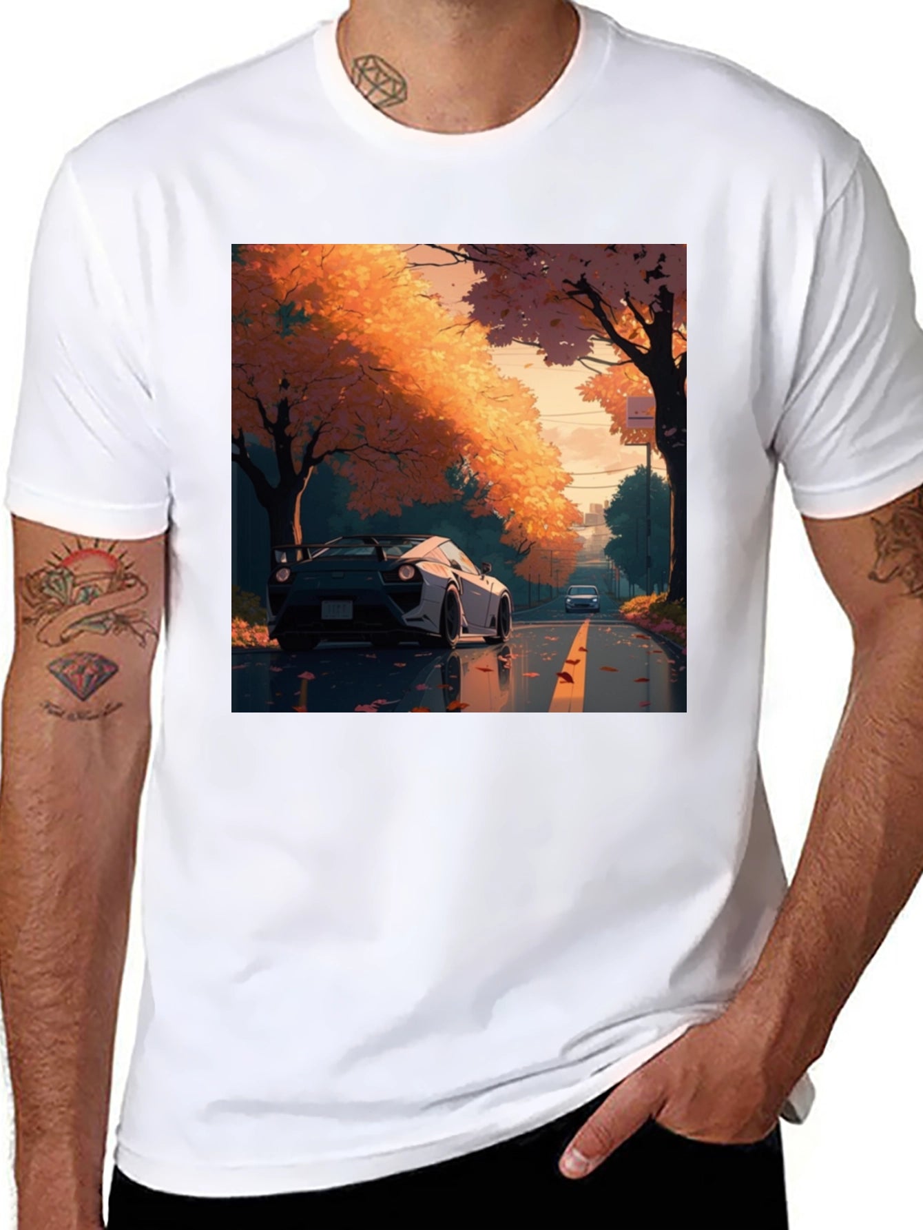 Autumn Road Car Graphic Tee - Stylish Black T-Shirt