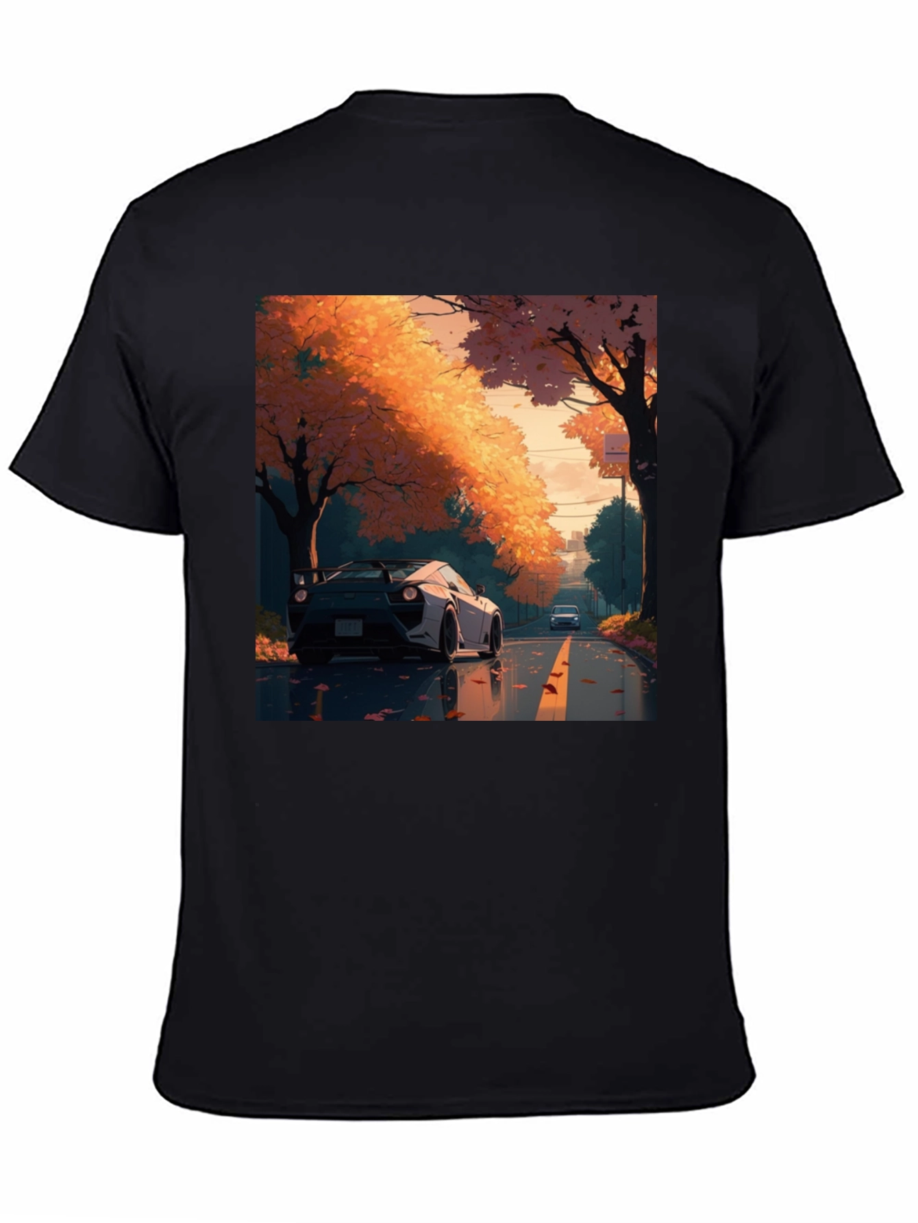 Autumn Road Car Graphic Tee - Stylish Black T-Shirt