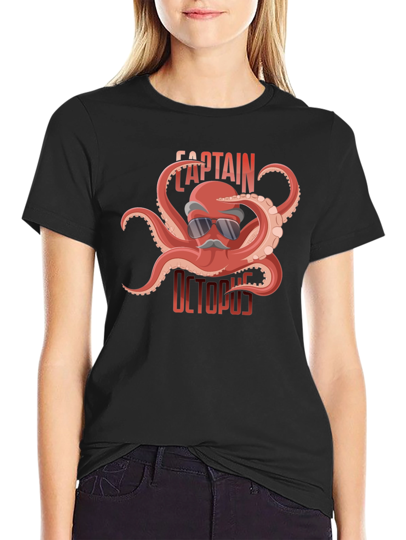Captain Octopus Graphic Tee - Black Cotton Shirt