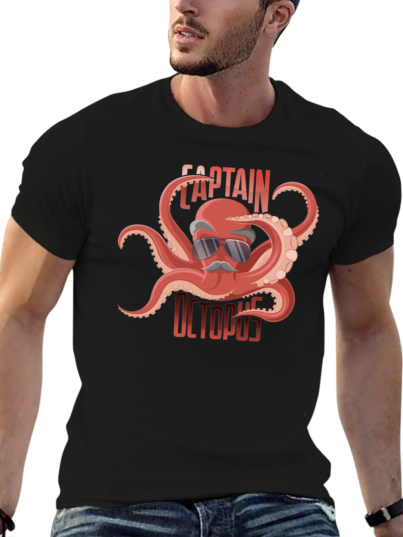 Captain Octopus Graphic Tee - Black Cotton Shirt