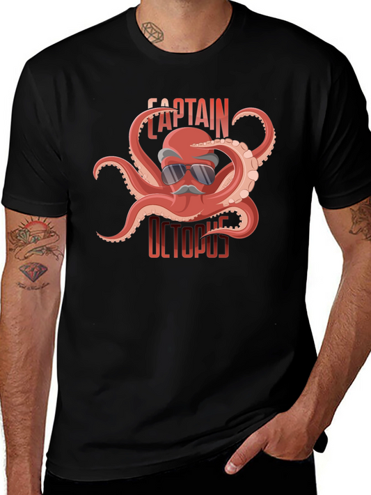 Captain Octopus Graphic Tee - Black Cotton Shirt