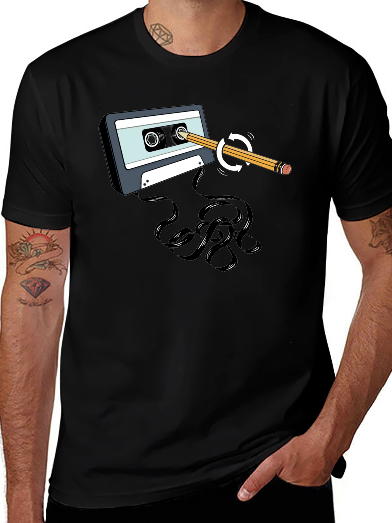 Retro Cassette & Pencil Graphic T-Shirt