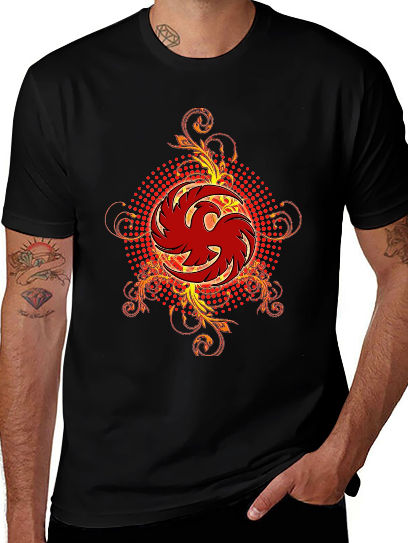 Mens Black T-Shirt with Red Phoenix Graphic