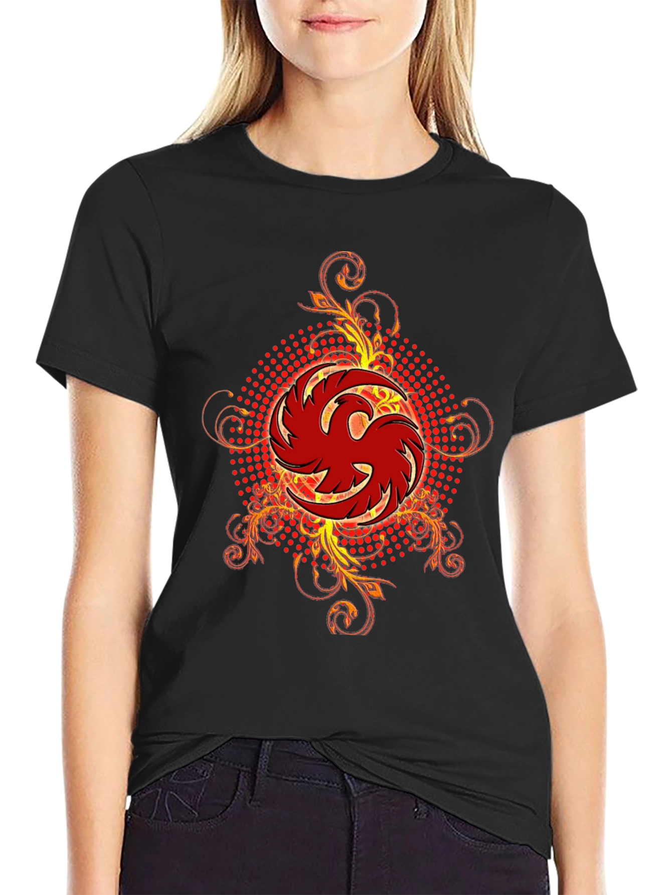 Mens Black T-Shirt with Red Phoenix Graphic