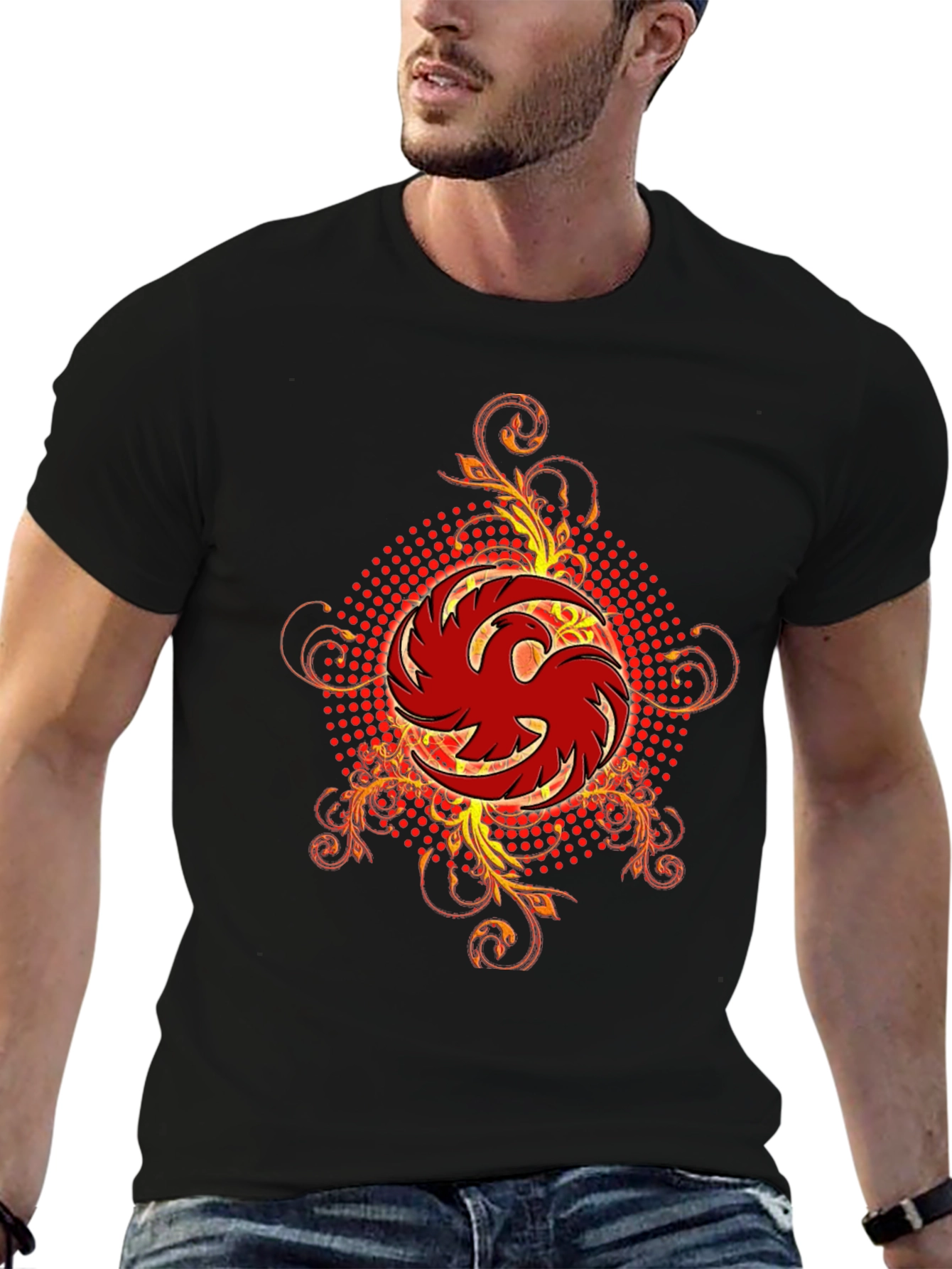 Mens Black T-Shirt with Red Phoenix Graphic