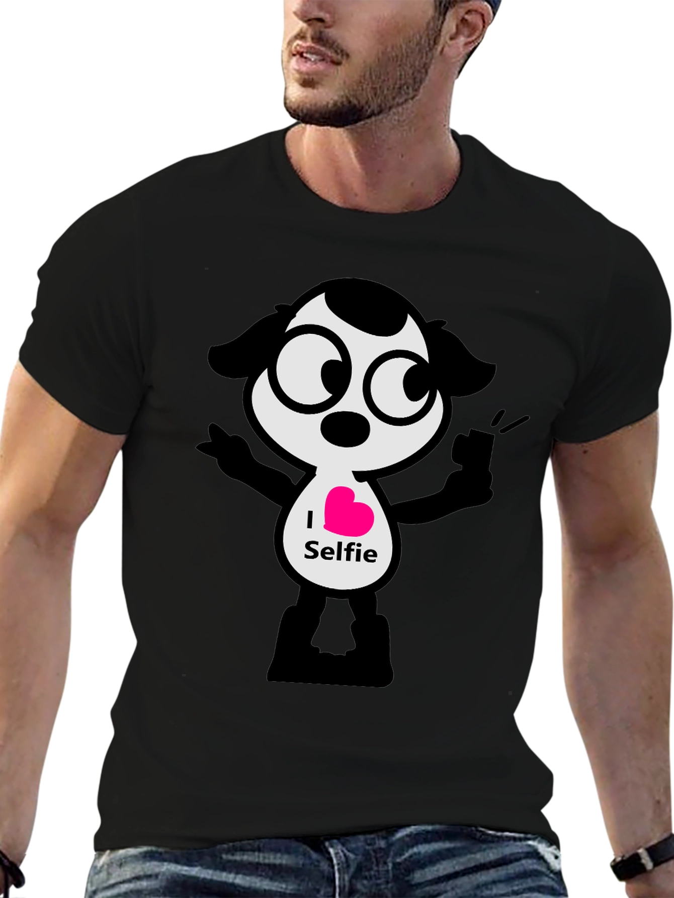 I Heart Selfie Black T-Shirt - Cartoon Design