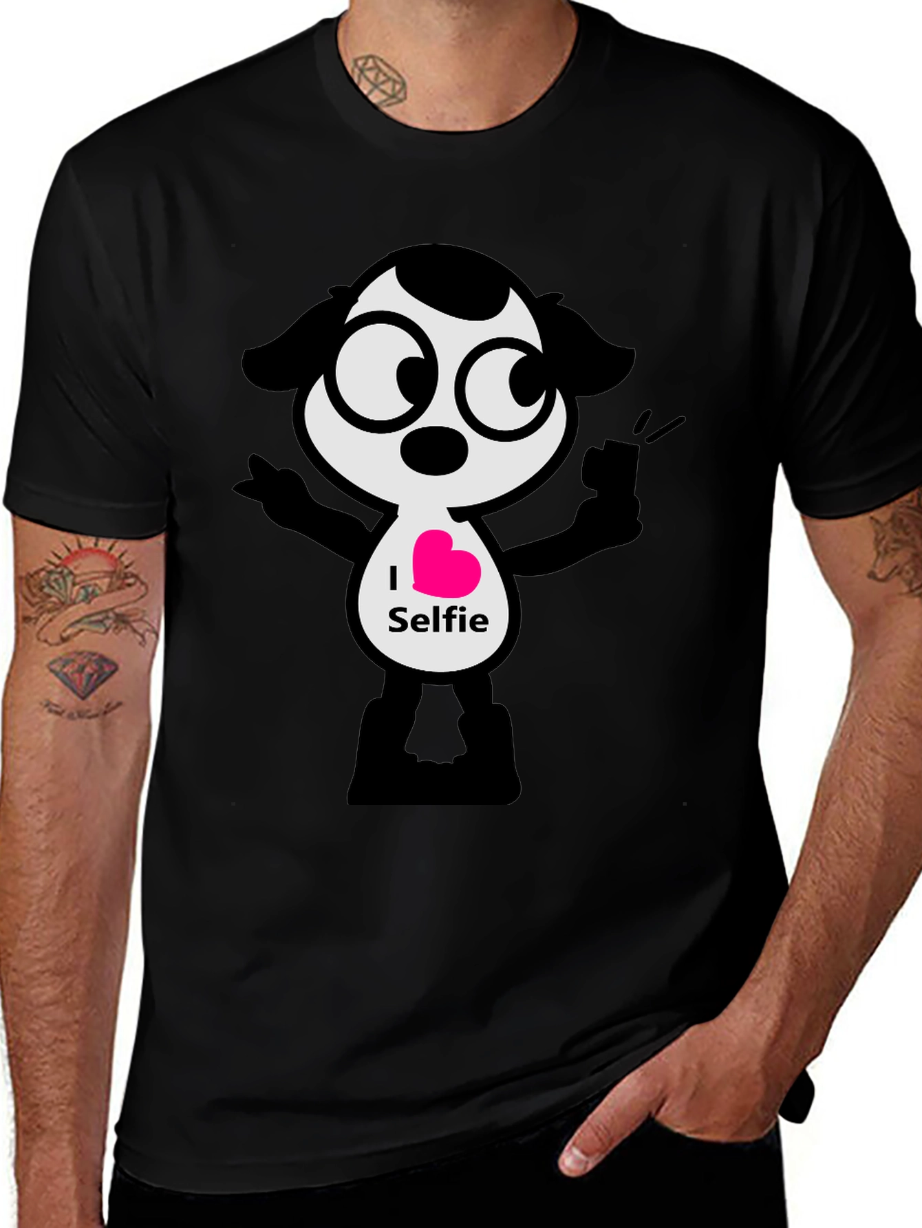 I Heart Selfie Black T-Shirt - Cartoon Design