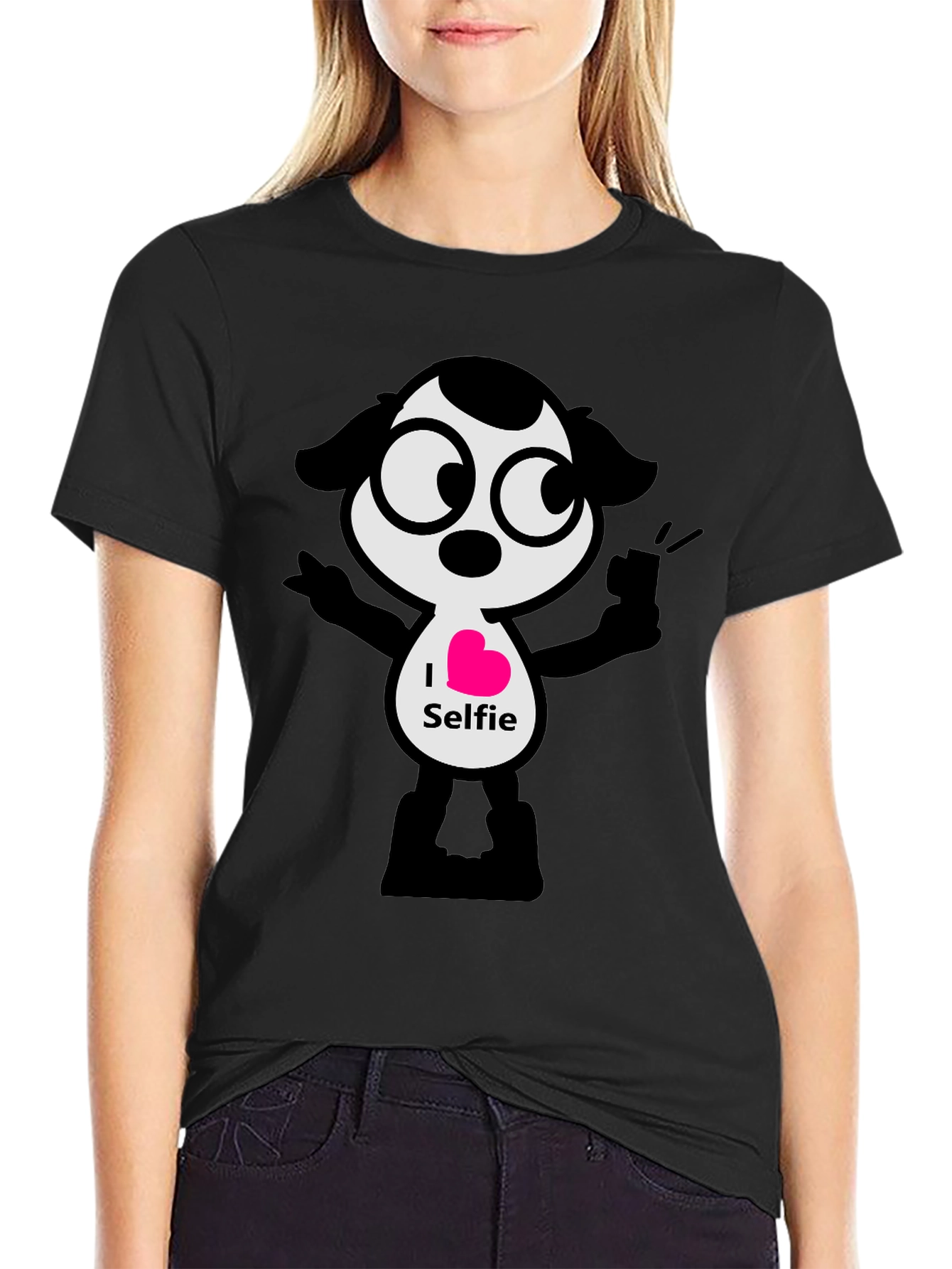 I Heart Selfie Black T-Shirt - Cartoon Design