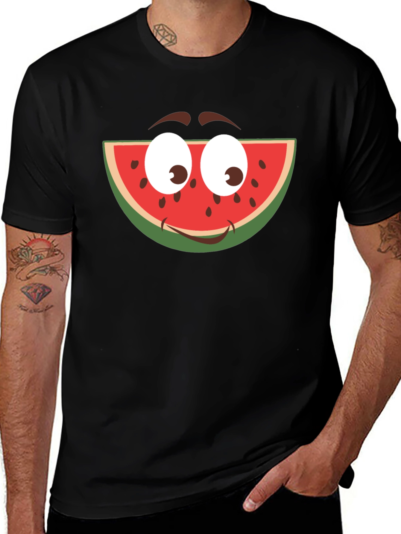 Funny Watermelon Face Graphic T-Shirt - Black