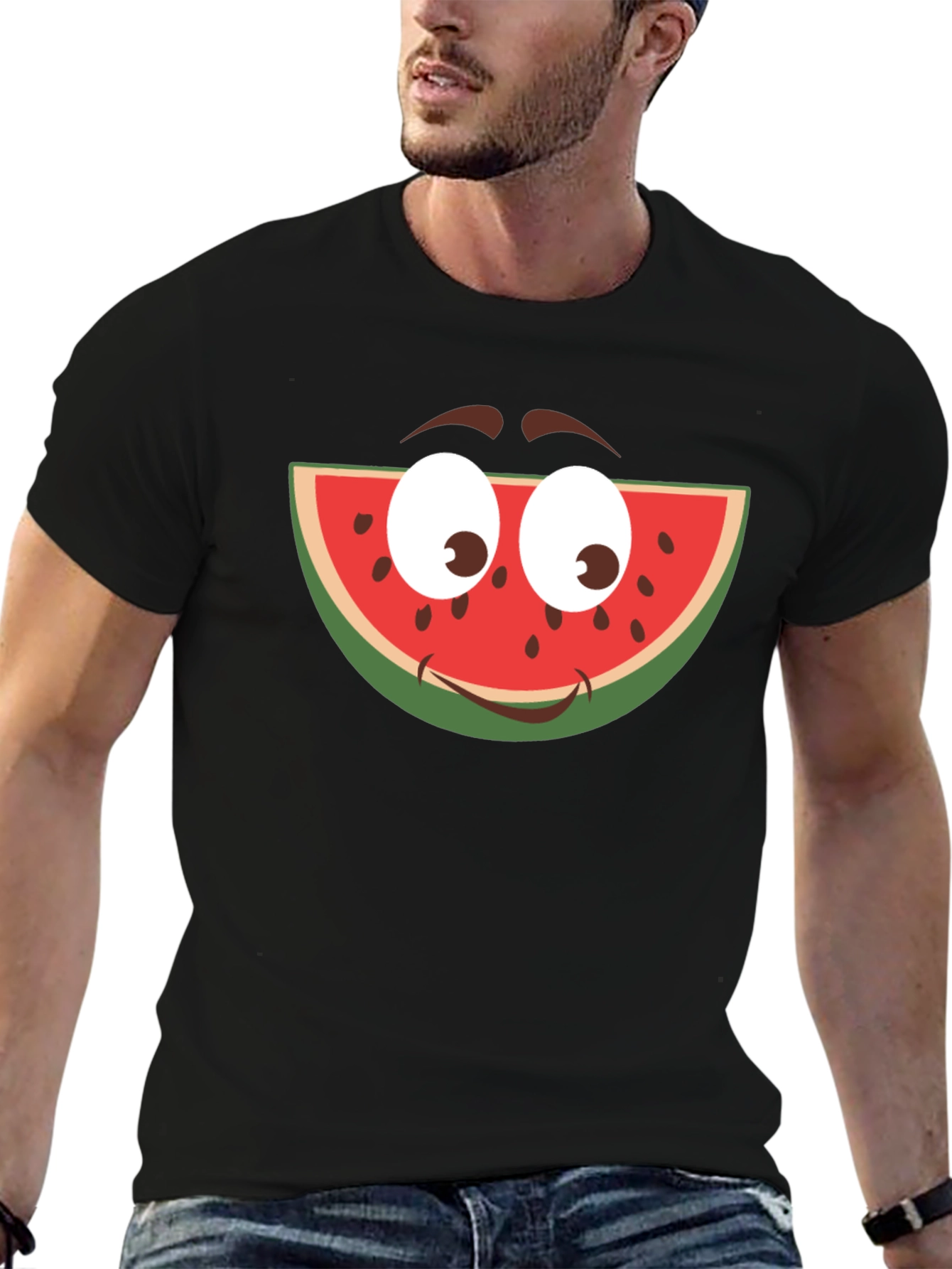 Funny Watermelon Face Graphic T-Shirt - Black