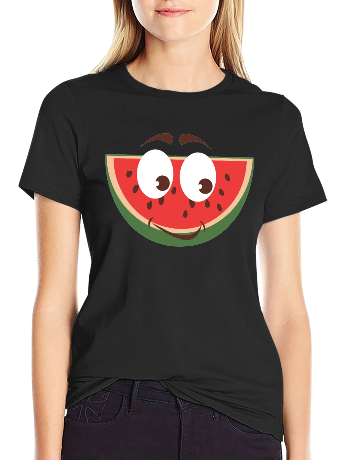 Funny Watermelon Face Graphic T-Shirt - Black