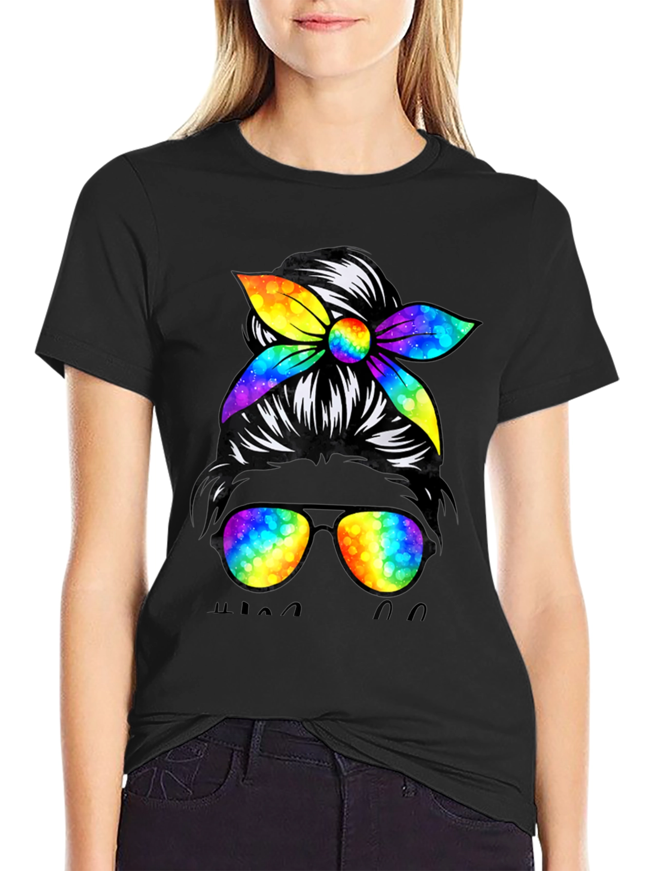 Messy Bun Golf Mom T-Shirt Rainbow Sunglasses