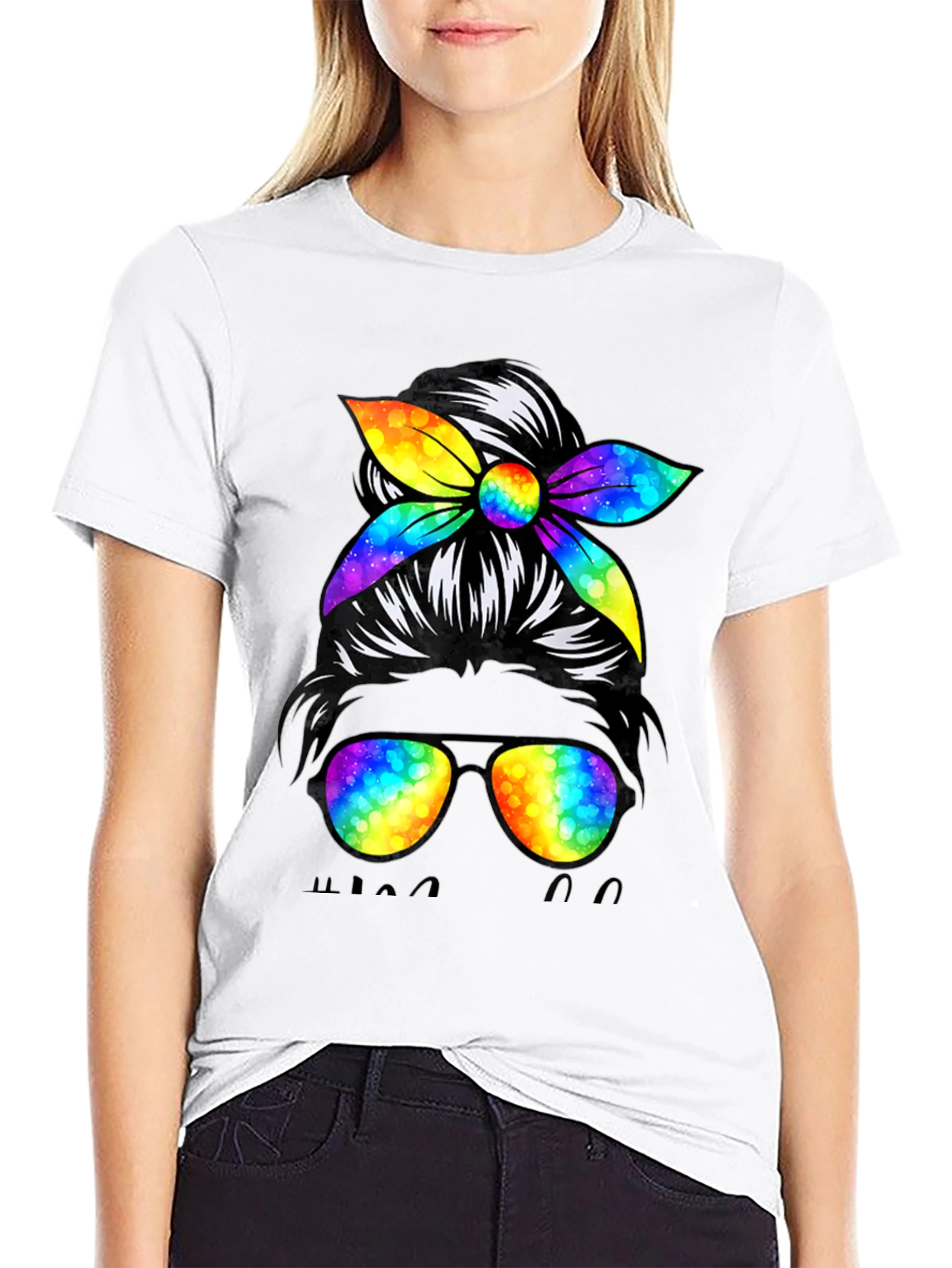 Messy Bun Golf Mom T-Shirt Rainbow Sunglasses