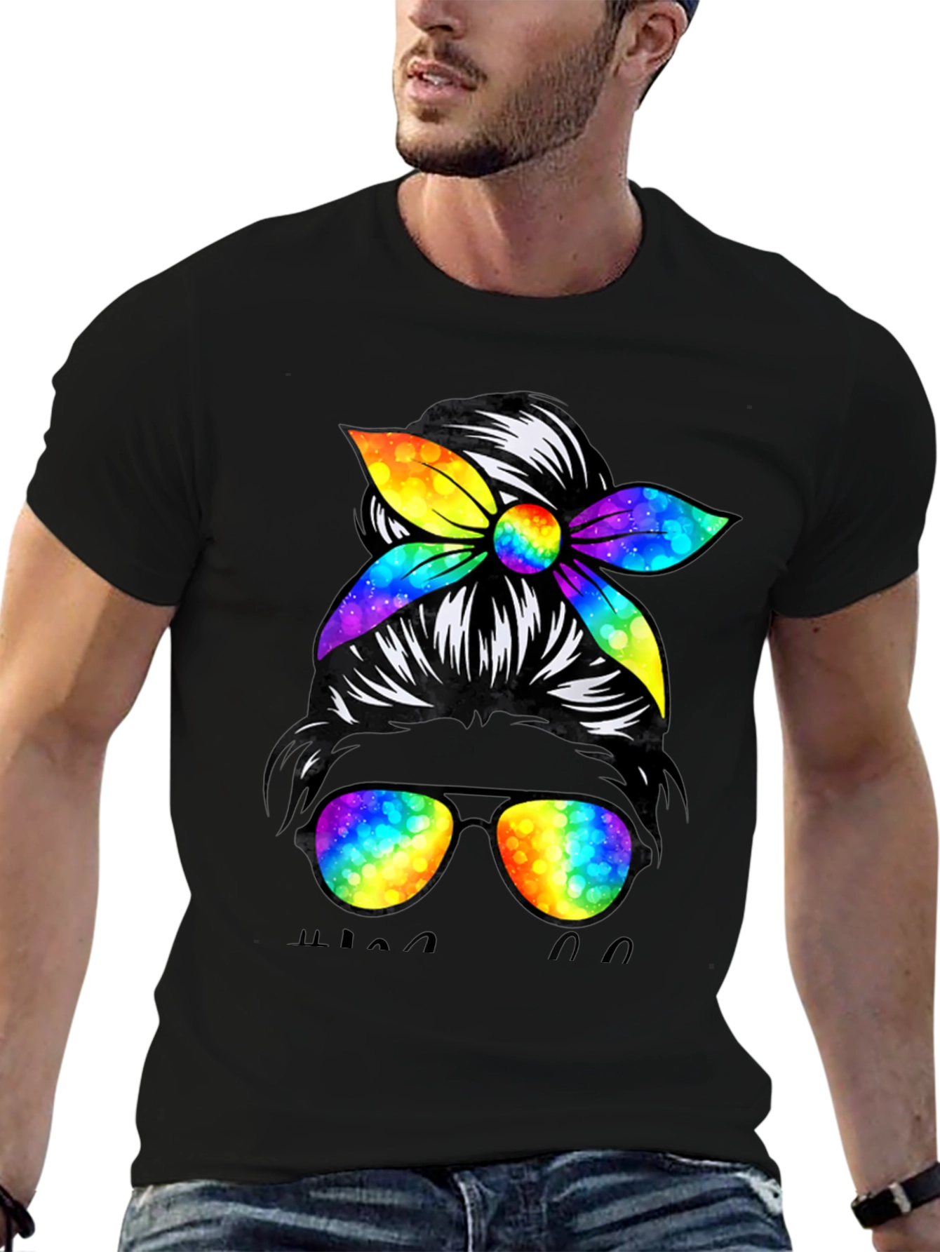 Messy Bun Golf Mom T-Shirt Rainbow Sunglasses