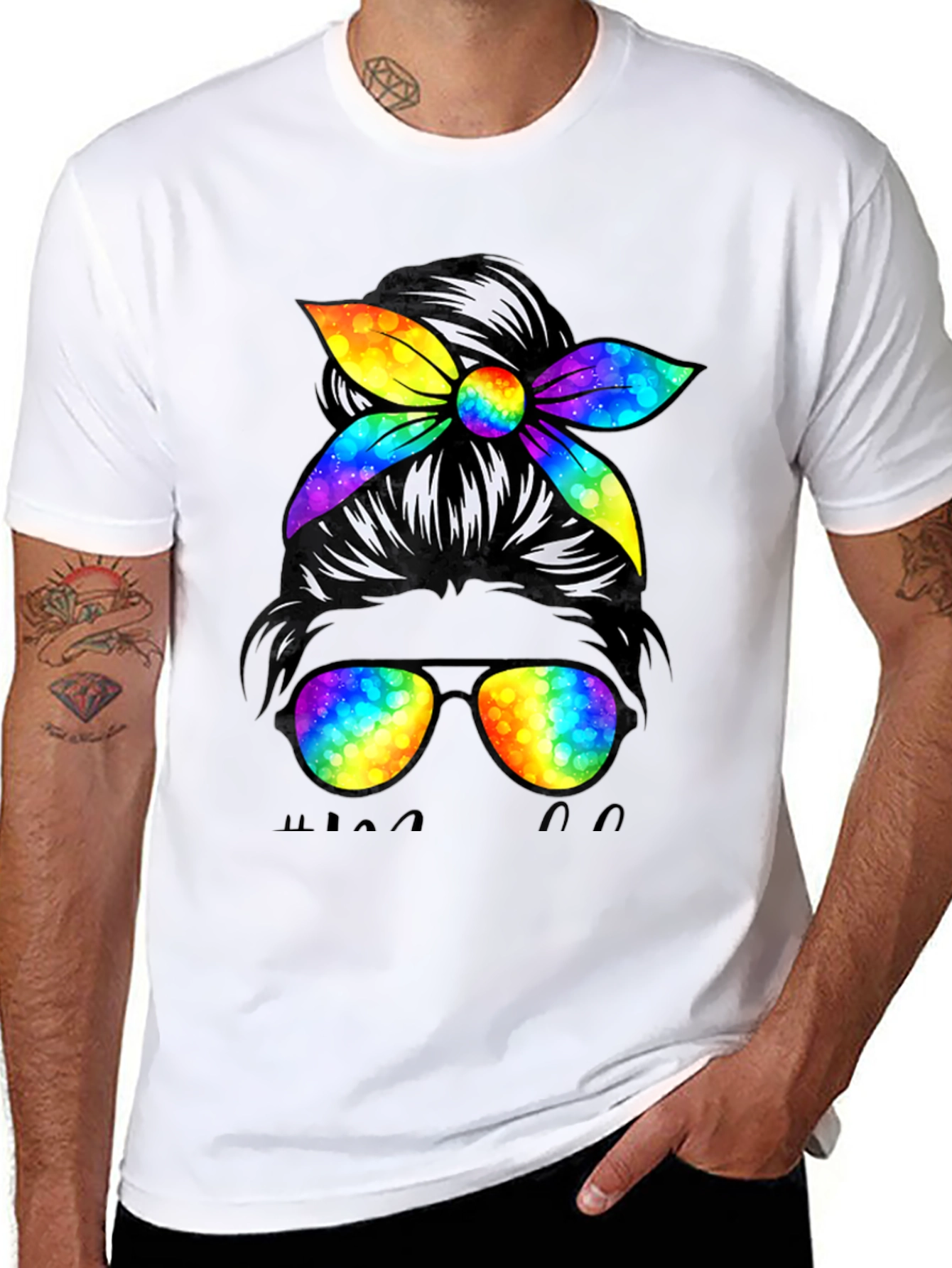 Messy Bun Golf Mom T-Shirt Rainbow Sunglasses