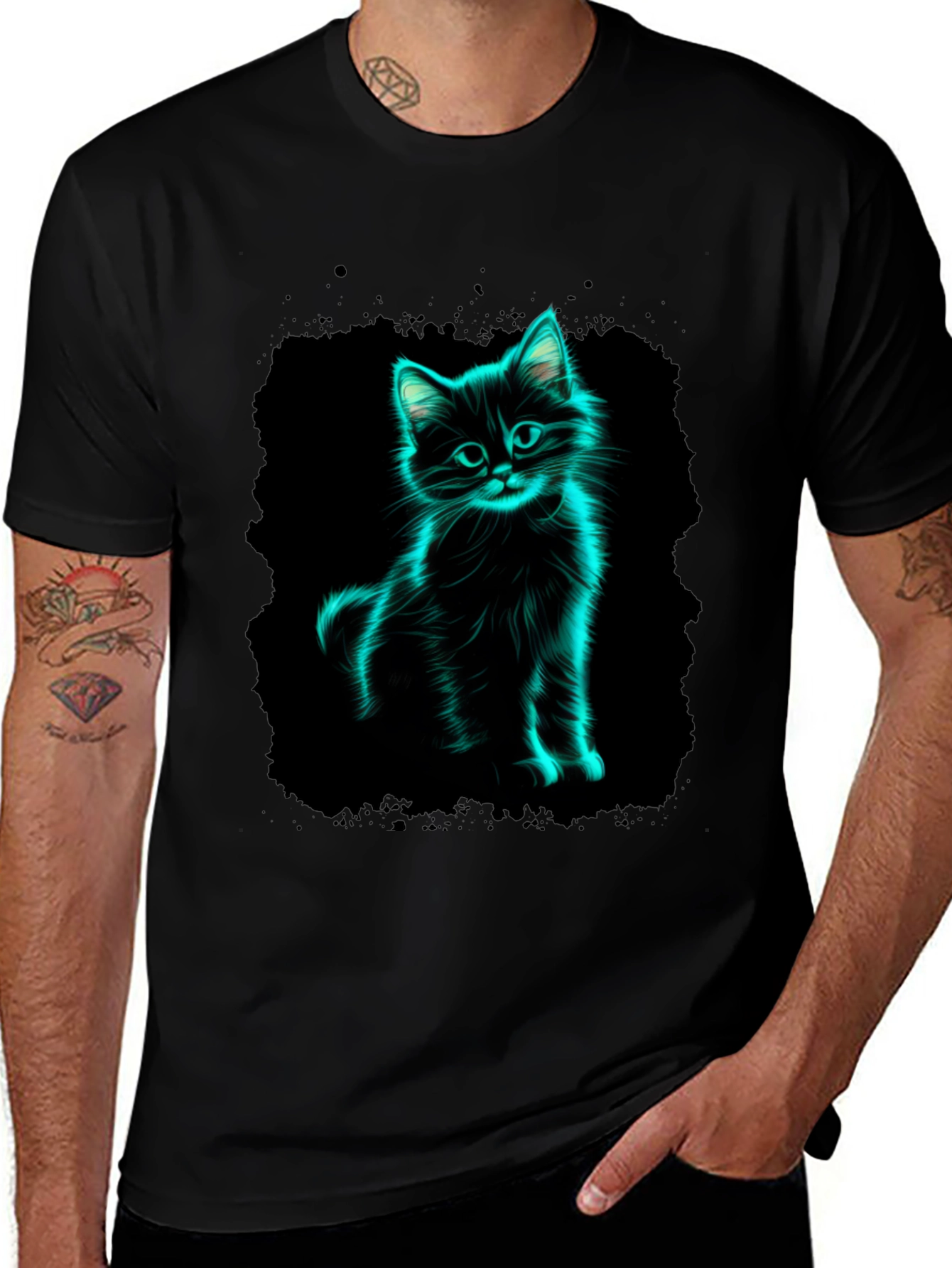 Neon Cat Graphic Black T-Shirt
