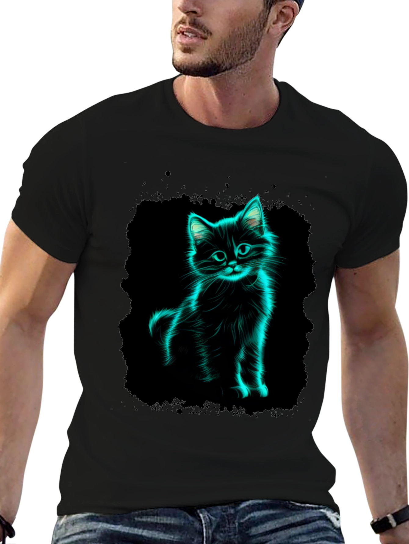 Neon Cat Graphic Black T-Shirt