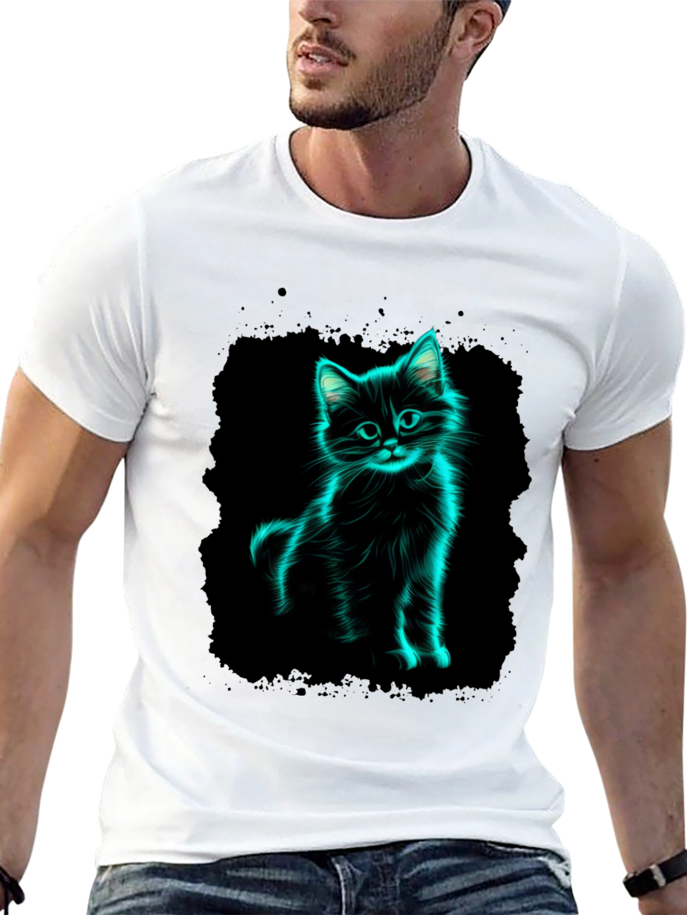 Neon Cat Graphic Black T-Shirt