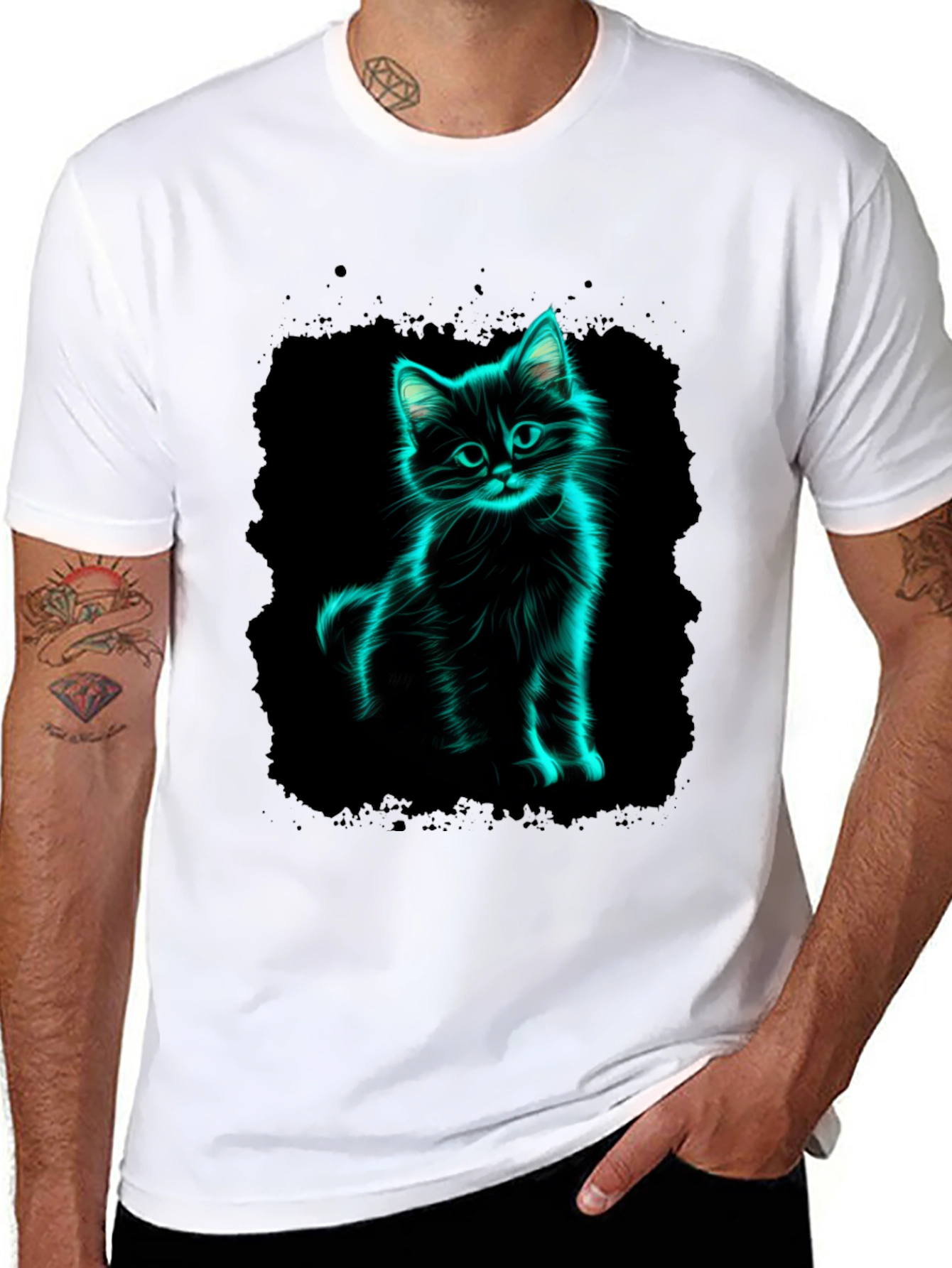Neon Cat Graphic Black T-Shirt