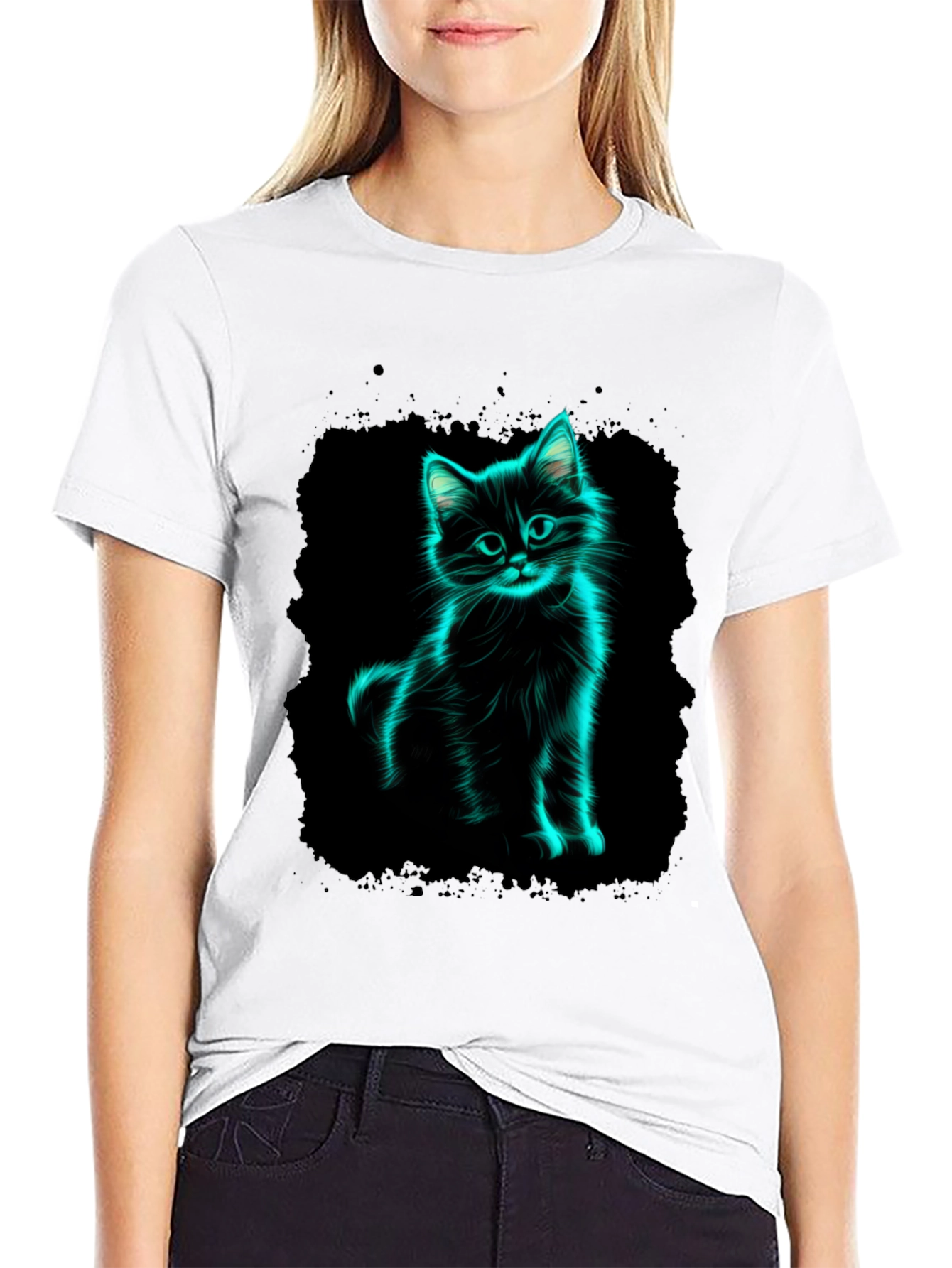 Neon Cat Graphic Black T-Shirt