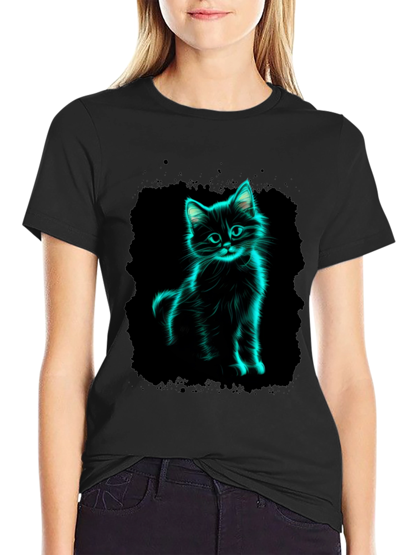 Neon Cat Graphic Black T-Shirt