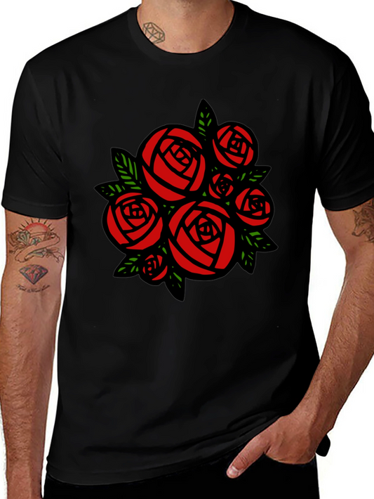 Black T-shirt with Red Roses Graphic Print