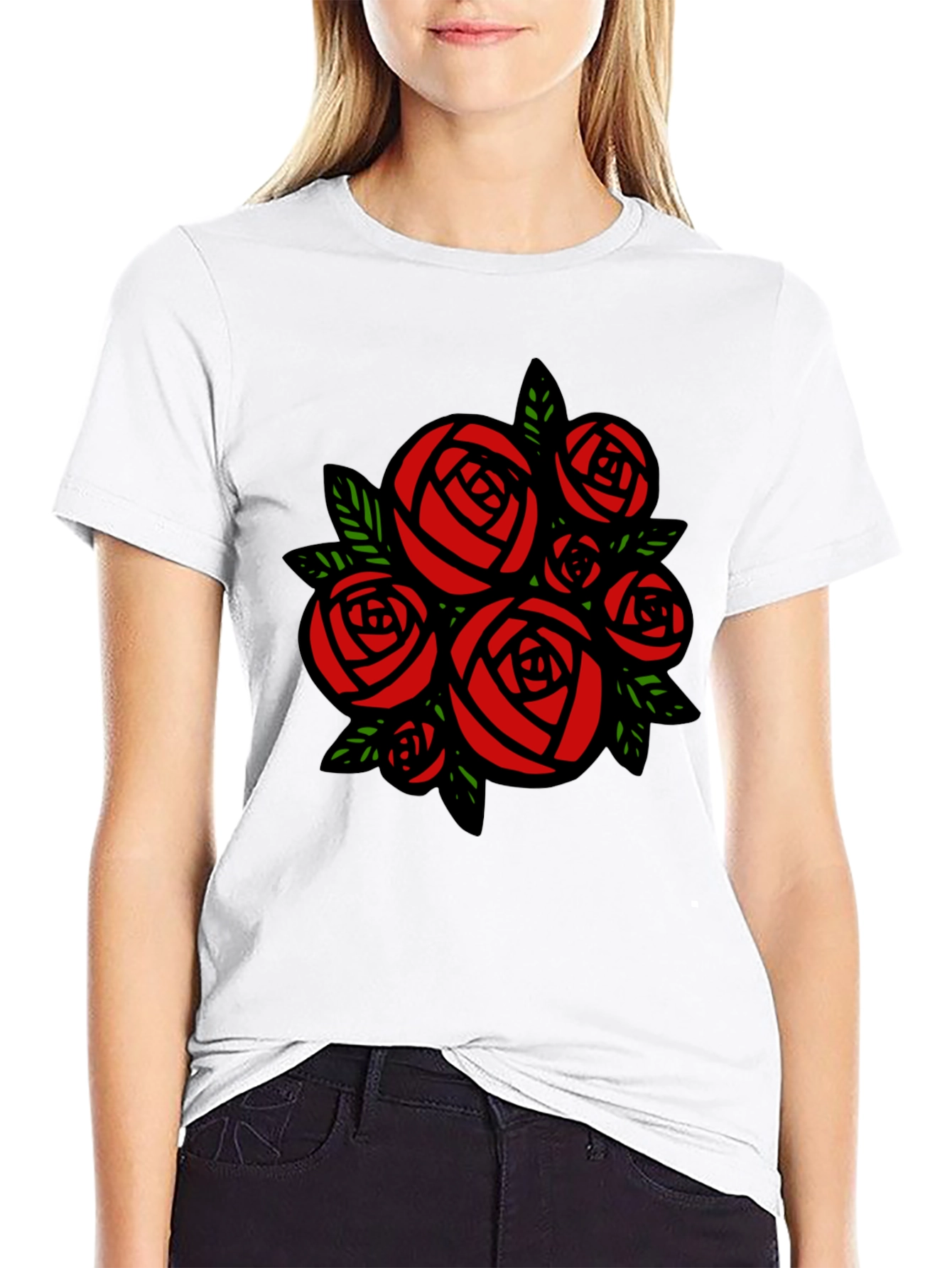 Black T-shirt with Red Roses Graphic Print