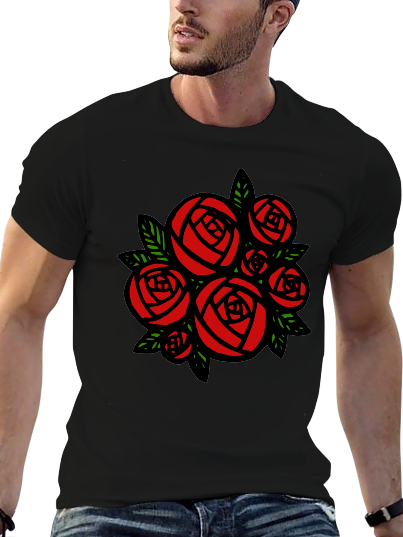 Black T-shirt with Red Roses Graphic Print