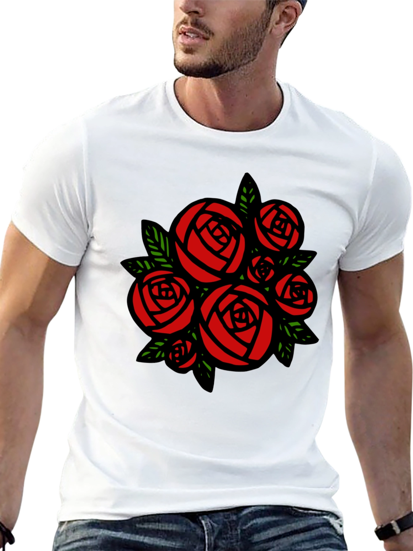 Black T-shirt with Red Roses Graphic Print