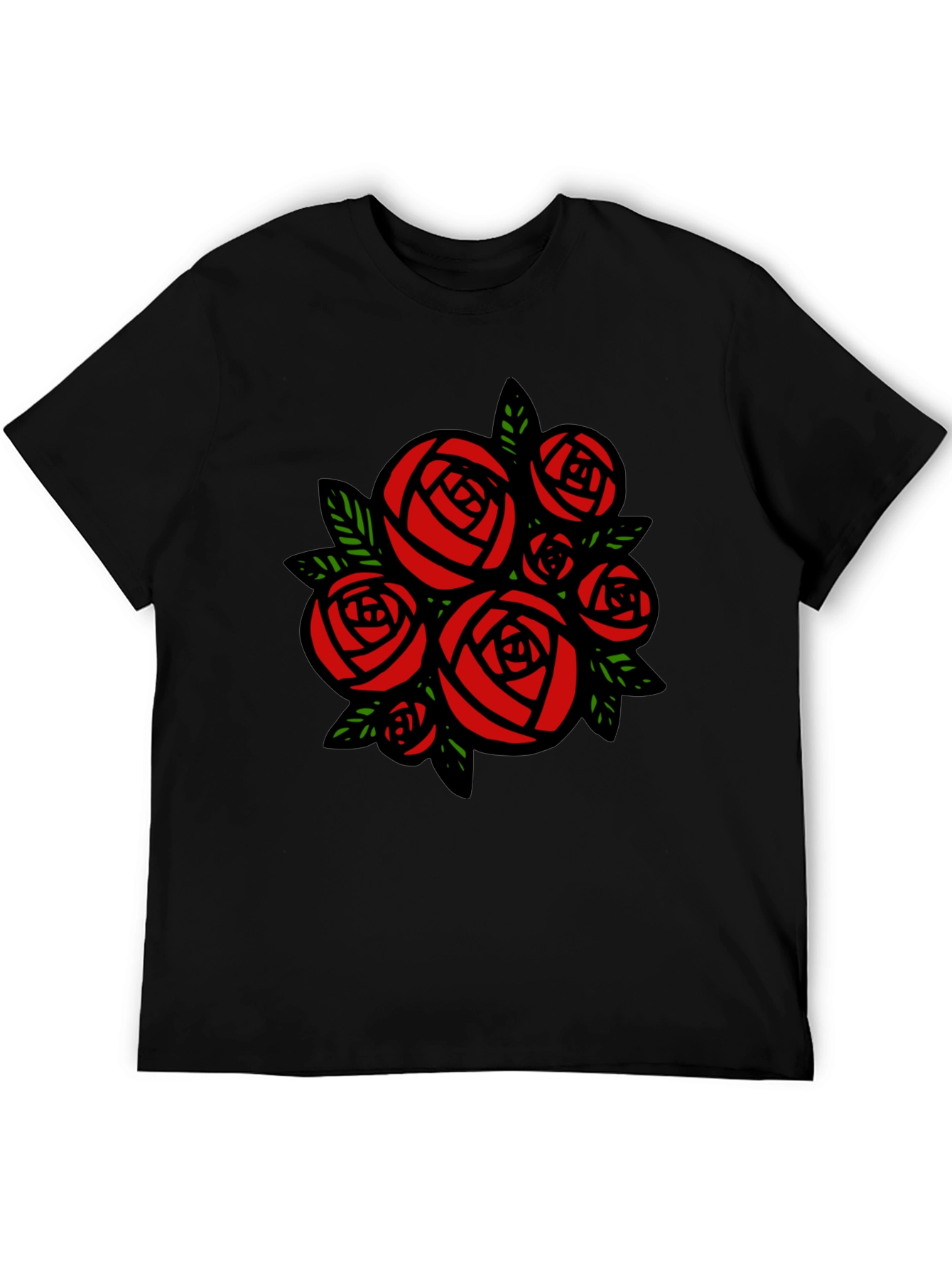 Black T-shirt with Red Roses Graphic Print