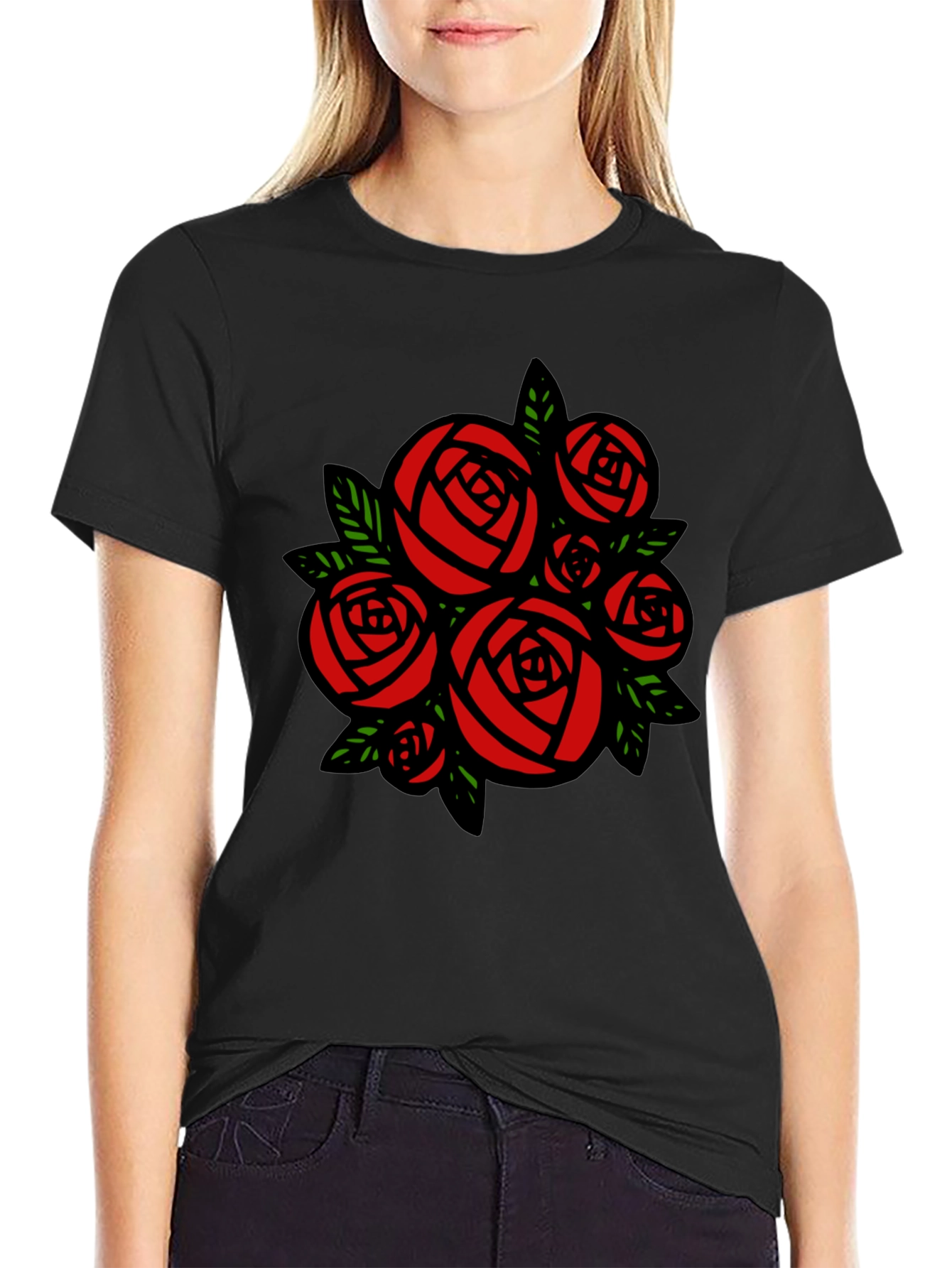 Black T-shirt with Red Roses Graphic Print