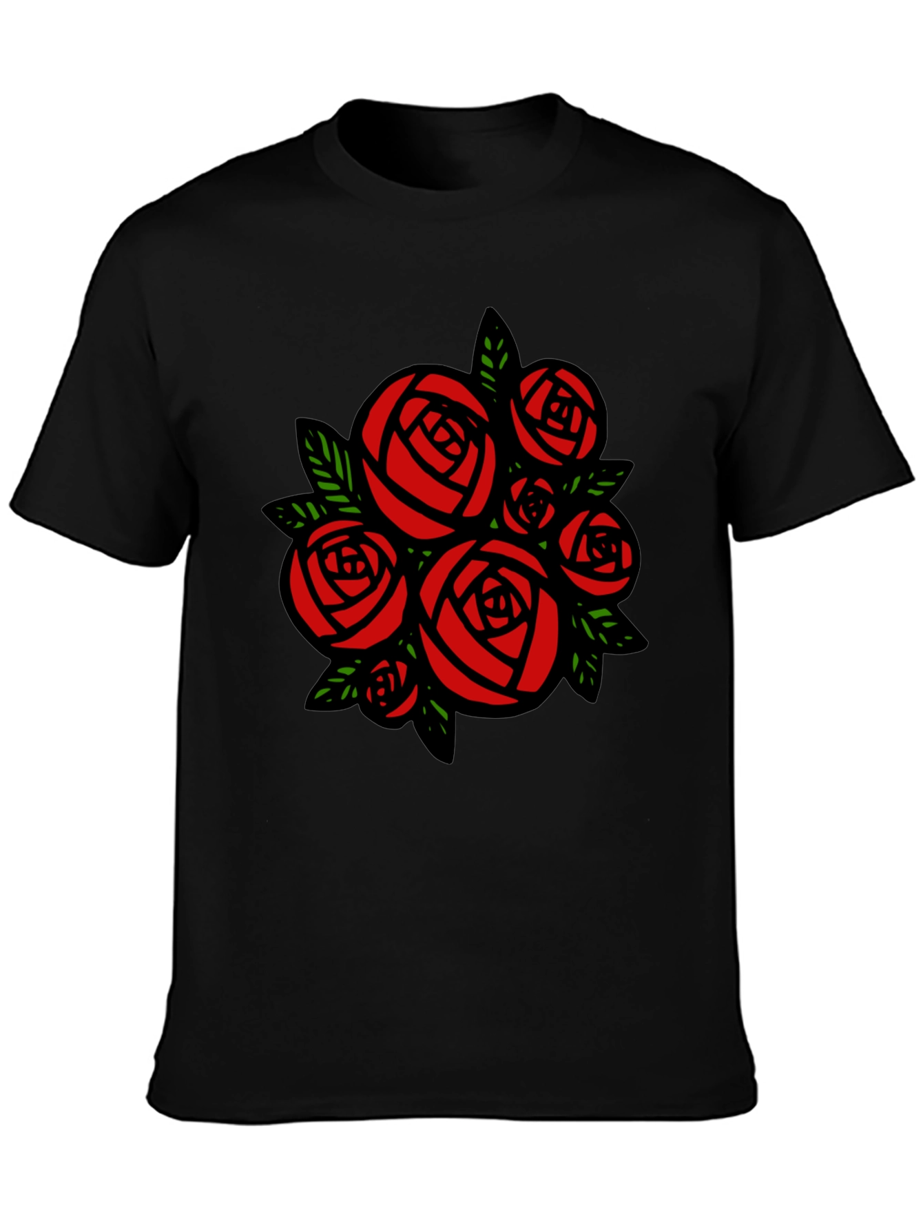 Black T-shirt with Red Roses Graphic Print
