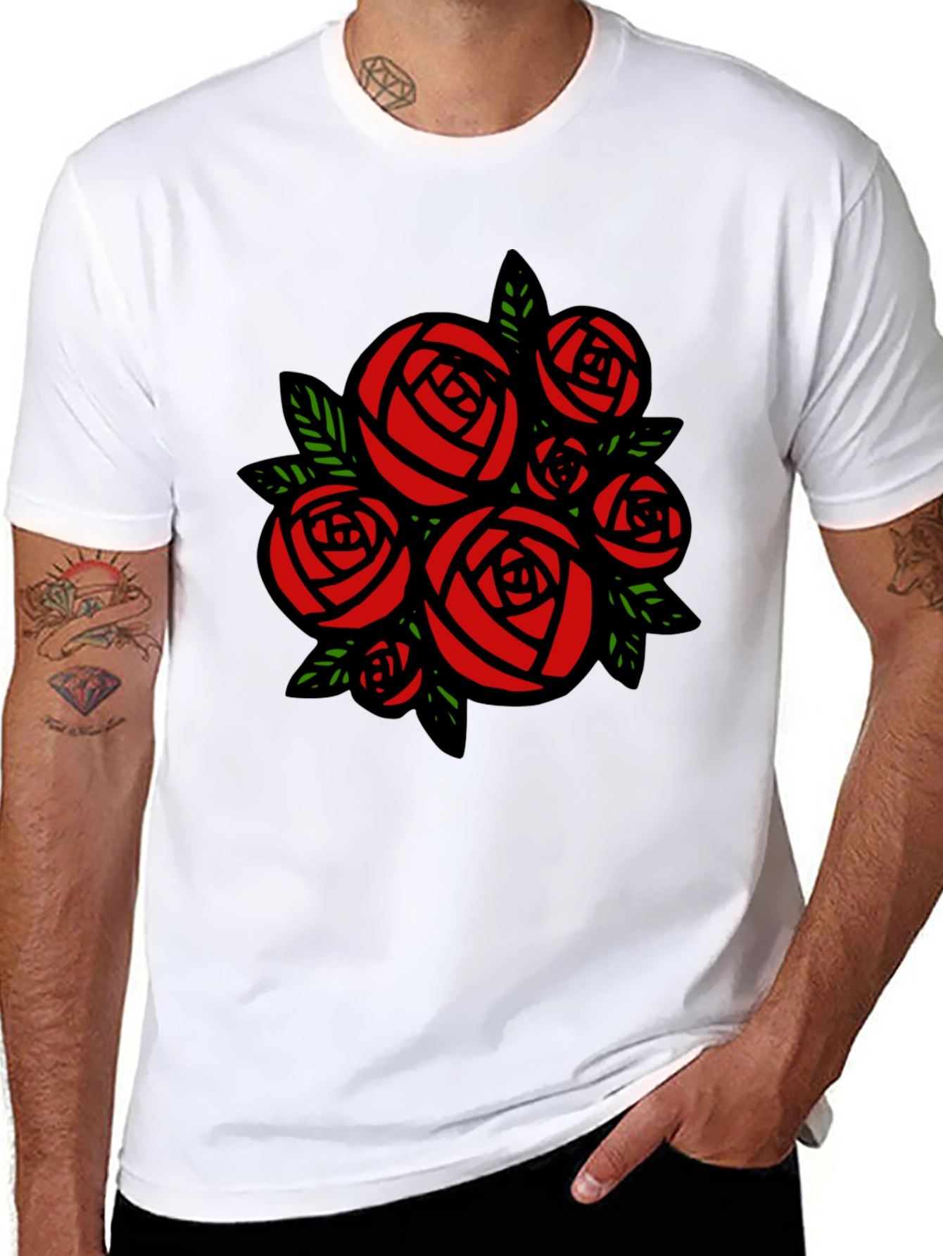 Black T-shirt with Red Roses Graphic Print