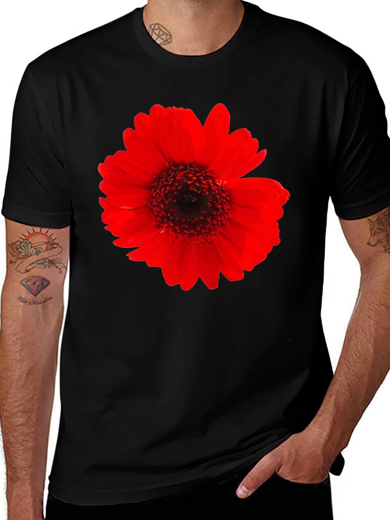 Bold Red Flower Graphic Black T-Shirt