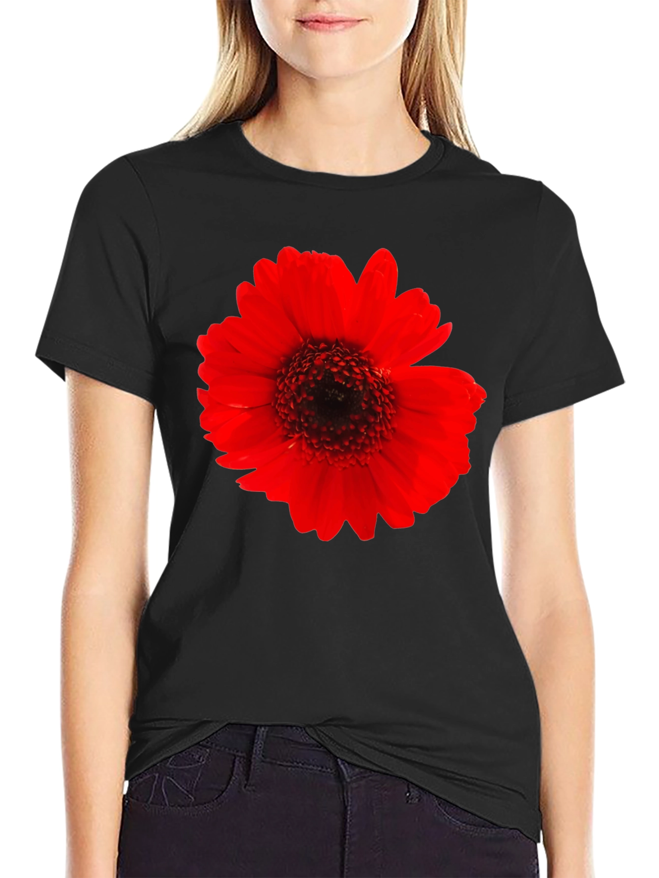Bold Red Flower Graphic Black T-Shirt