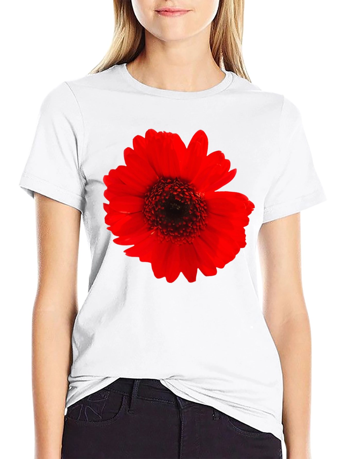 Bold Red Flower Graphic Black T-Shirt