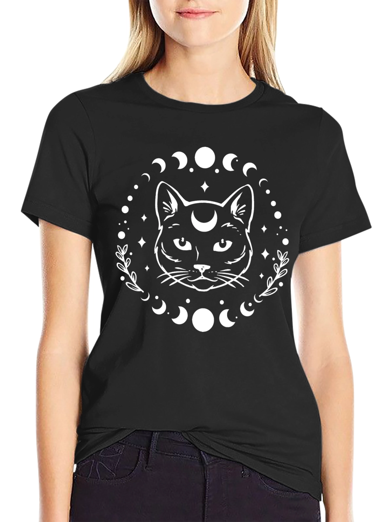 Moon Phase Cat Graphic Tee - Black Cotton Blend