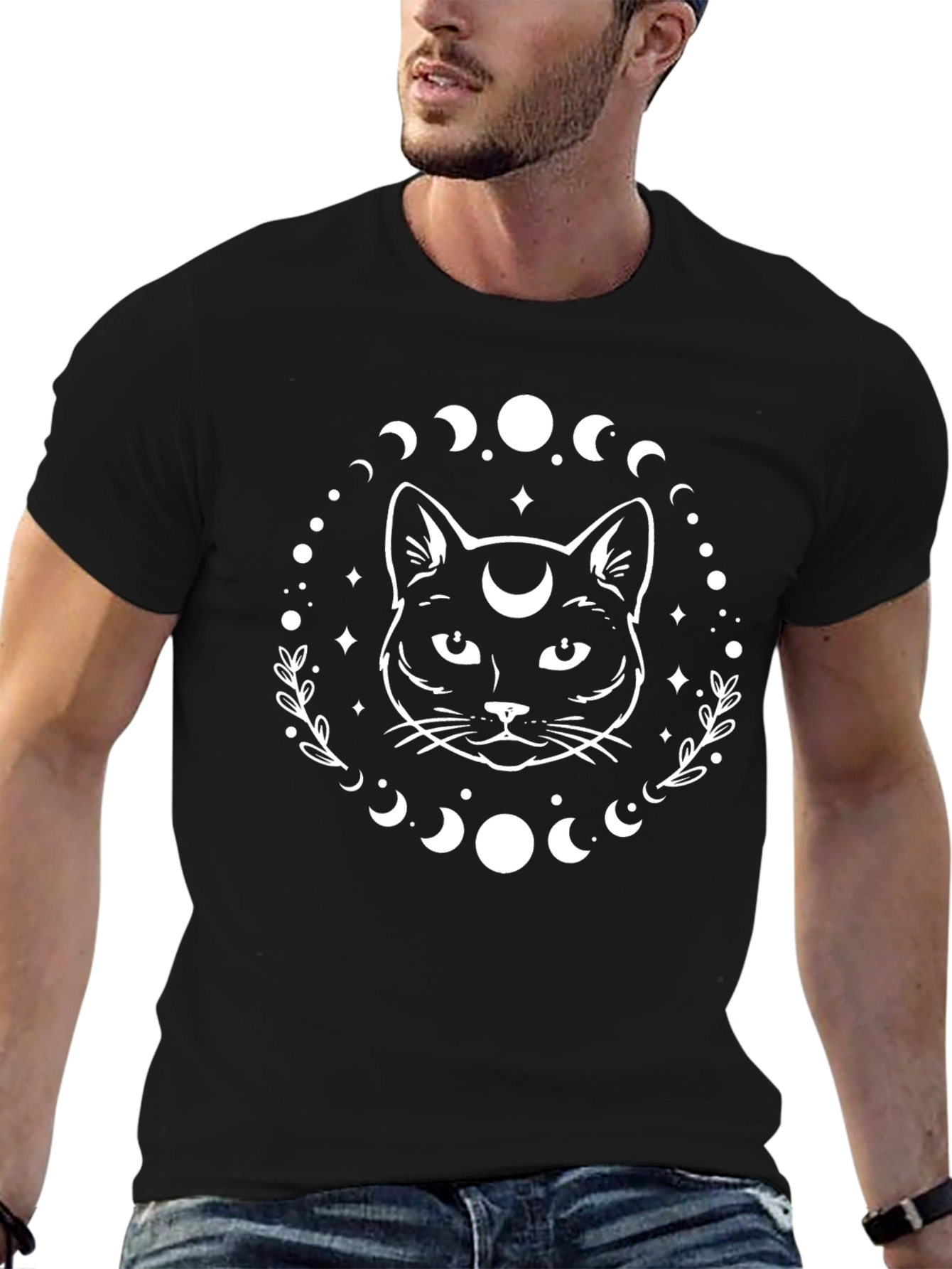 Moon Phase Cat Graphic Tee - Black Cotton Blend