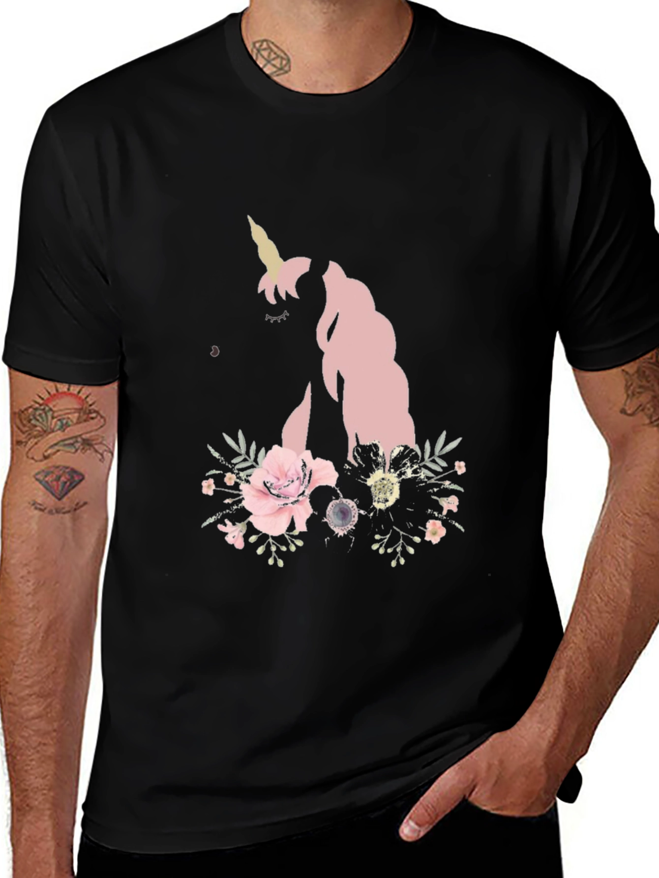 Floral Unicorn Black T-Shirt