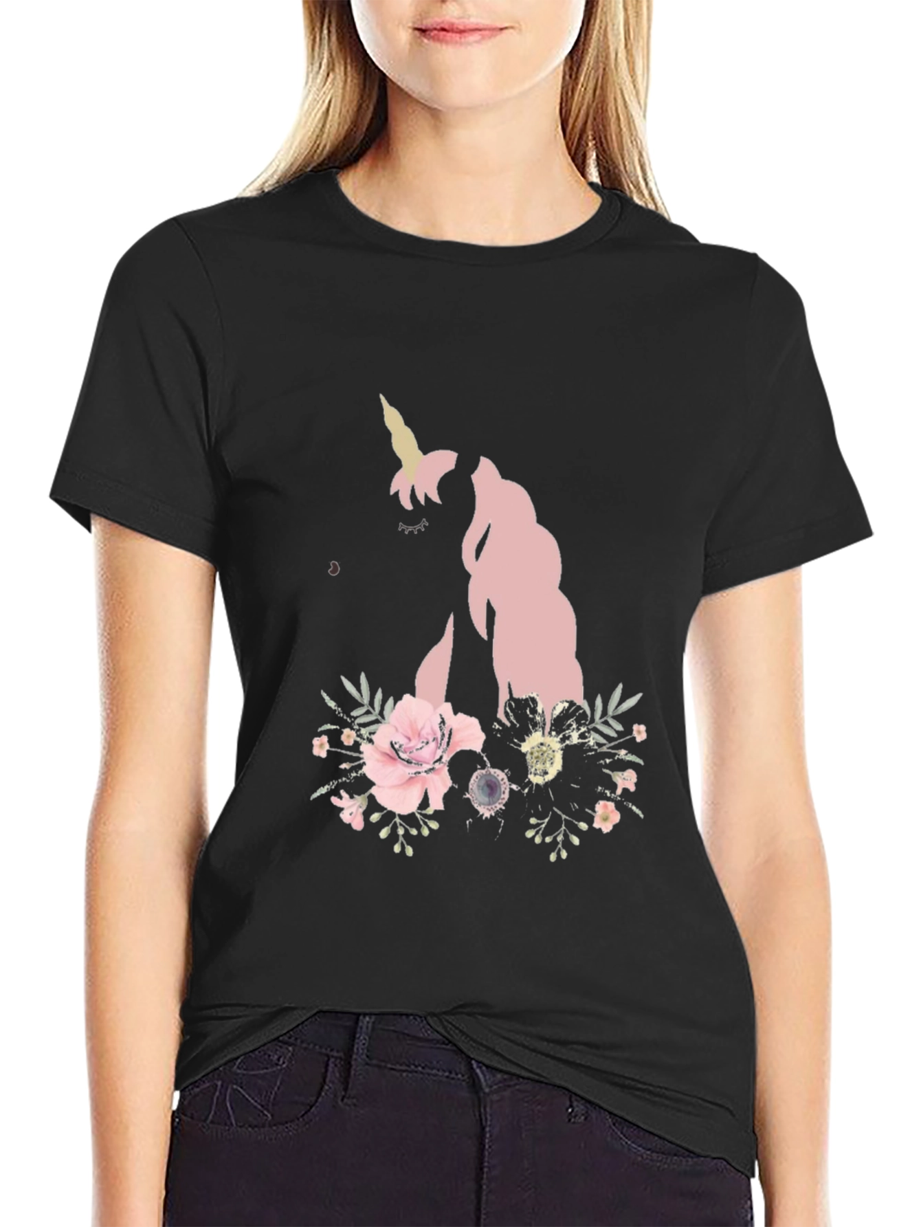 Floral Unicorn Black T-Shirt