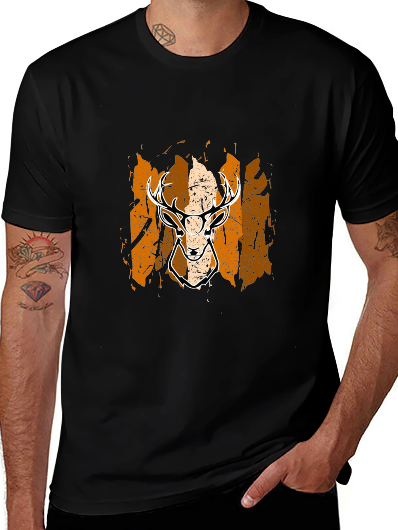 Deer Graphic Tee - Black Cotton Blend Casual Shirt