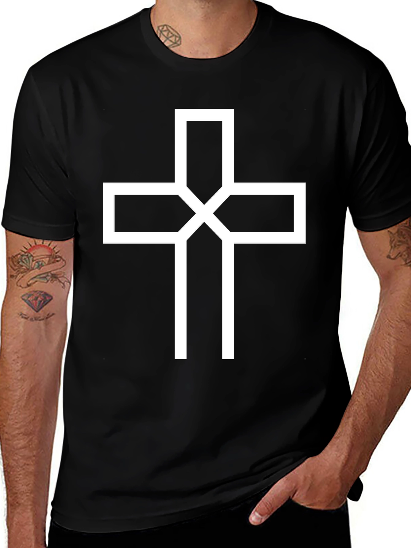 Modern White Cross Graphic Black T-Shirt