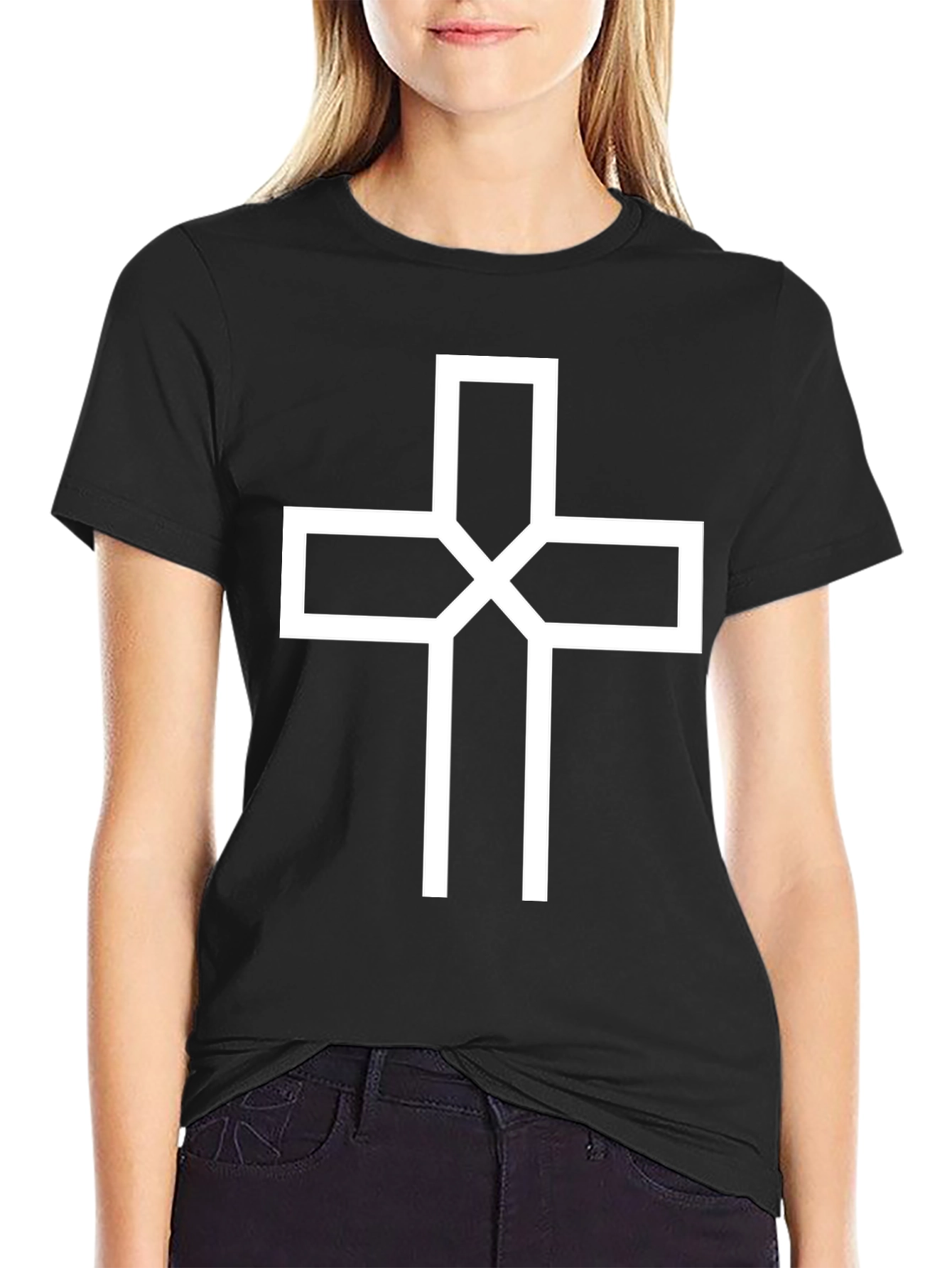 Modern White Cross Graphic Black T-Shirt