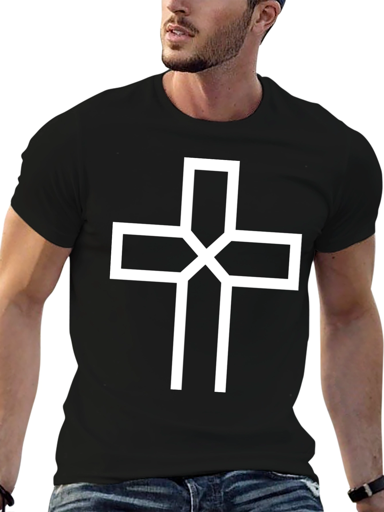 Modern White Cross Graphic Black T-Shirt