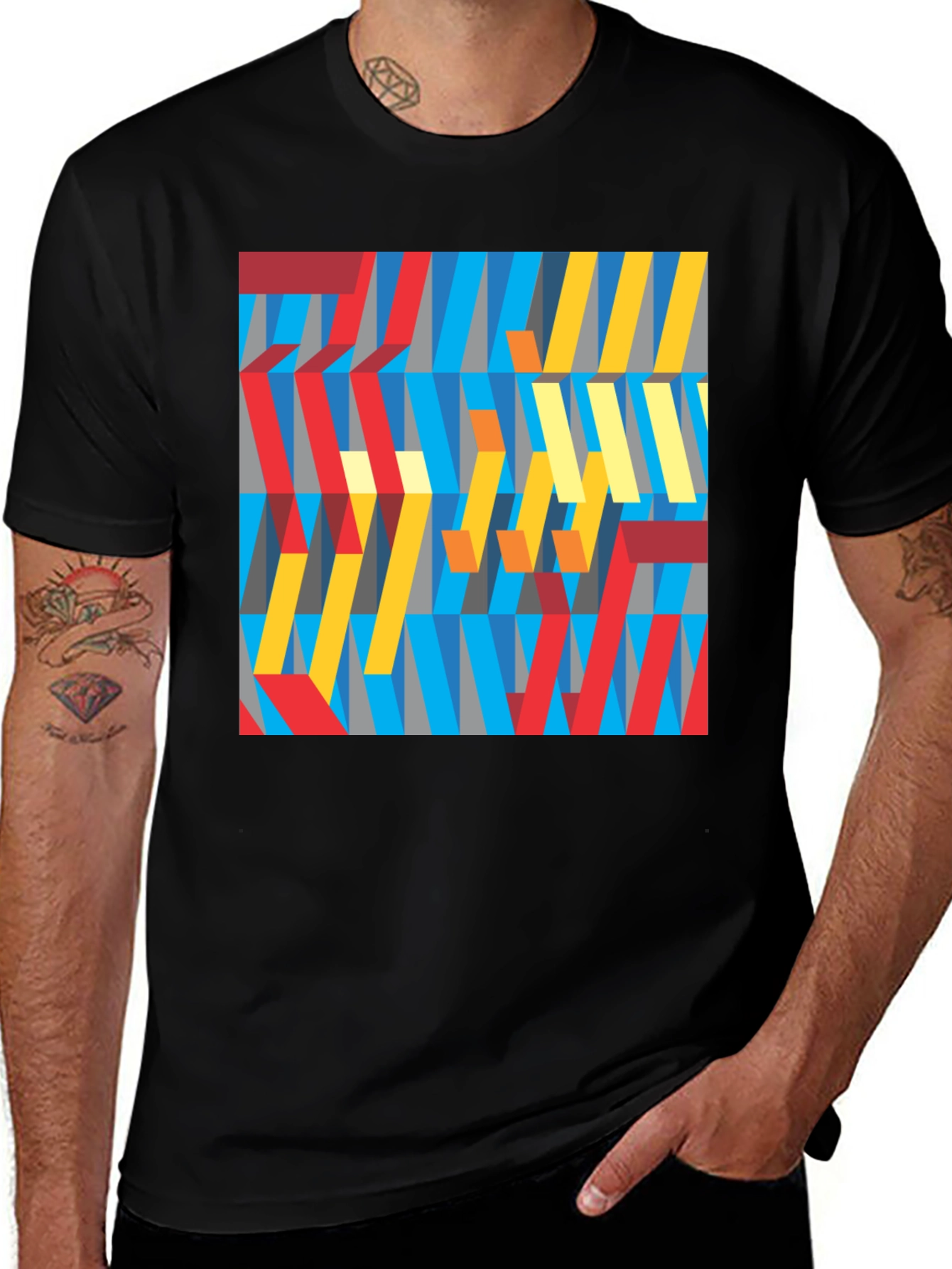 Abstract Geometric Pattern Graphic Tee - Black