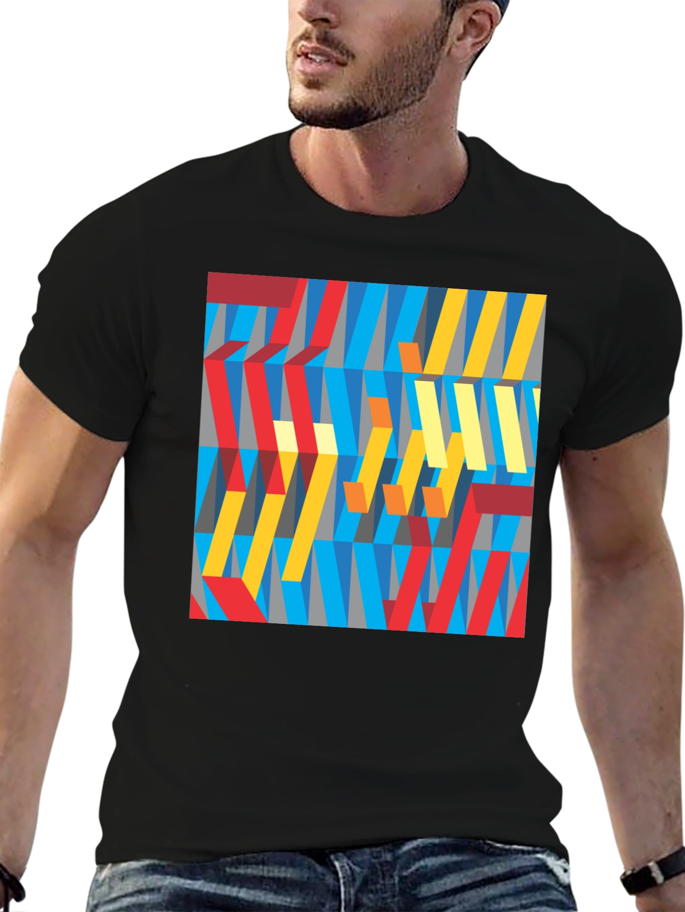 Abstract Geometric Pattern Graphic Tee - Black
