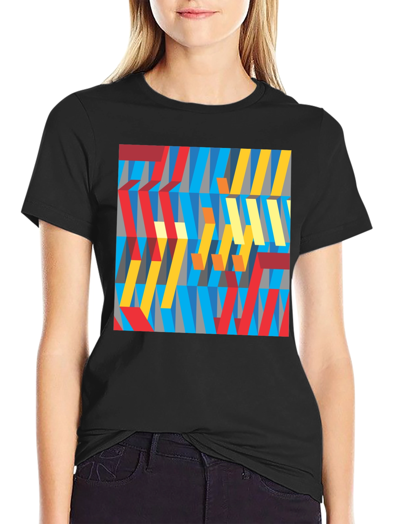 Abstract Geometric Pattern Graphic Tee - Black