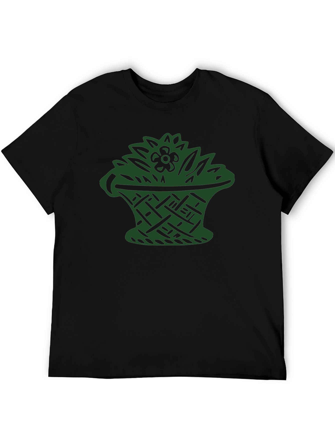 Black T-Shirt with Green Floral Basket Design