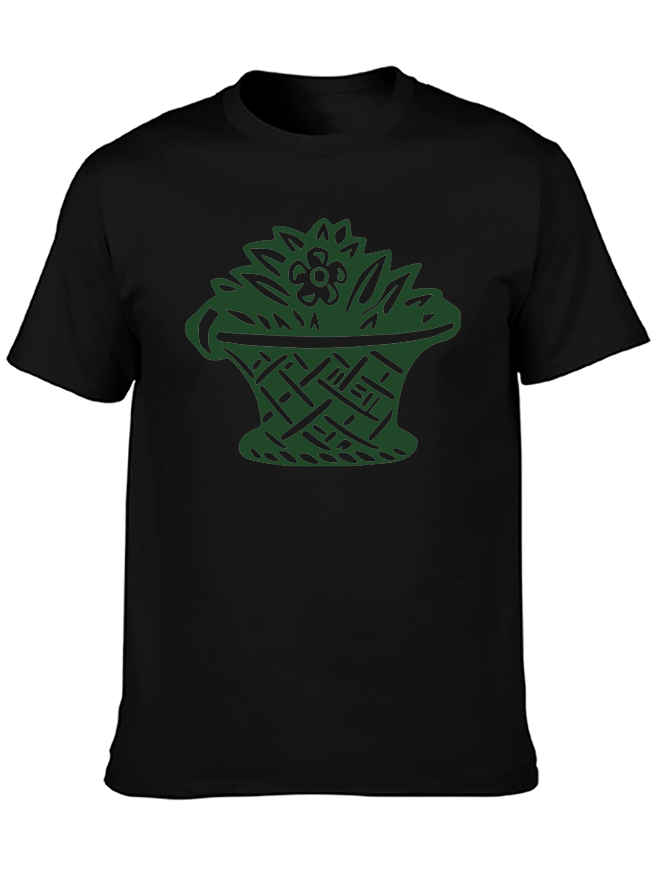 Black T-Shirt with Green Floral Basket Design