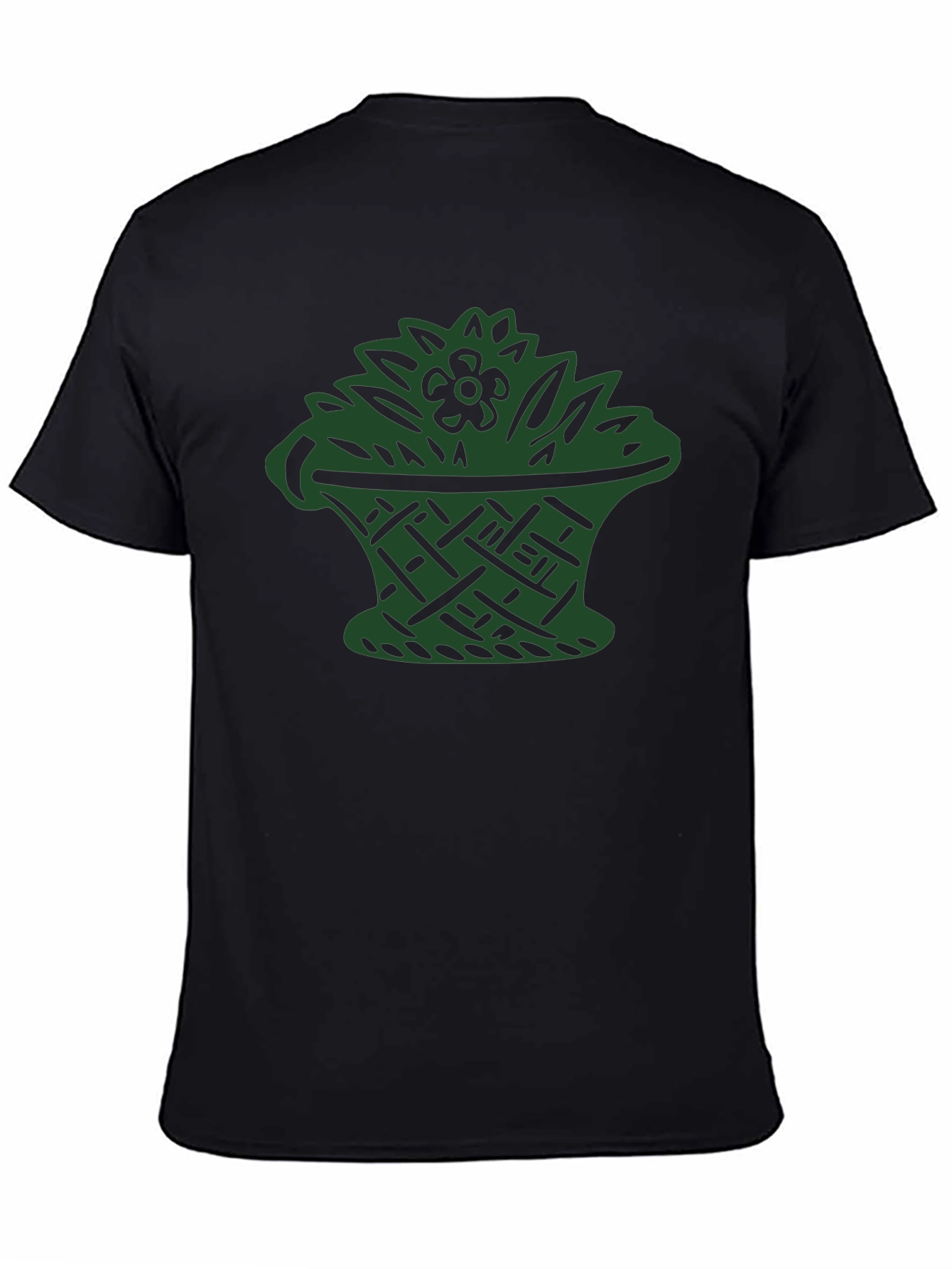 Black T-Shirt with Green Floral Basket Design